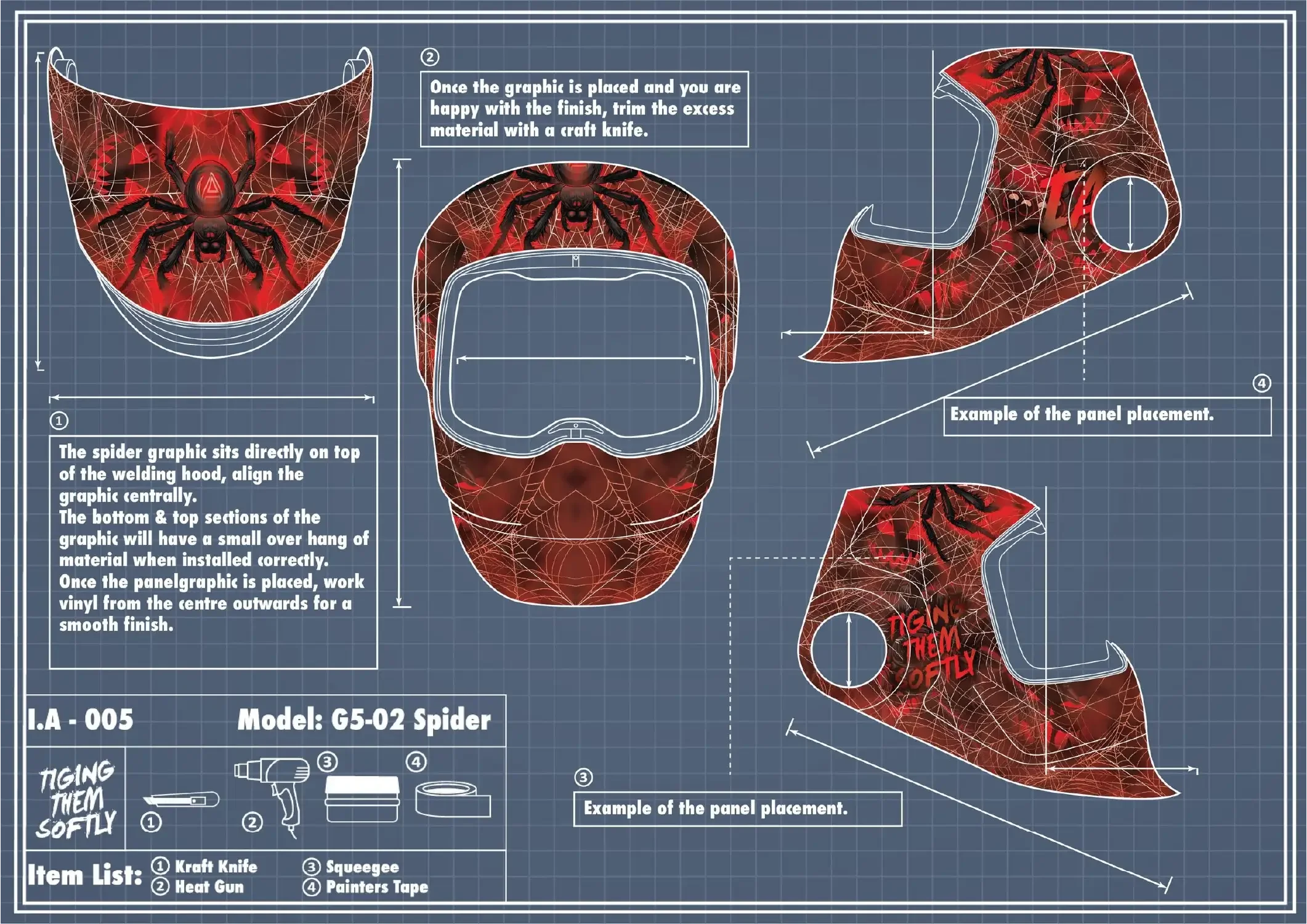 IA-005 Spider welding helmet graphic placement — centering spider web design panel and trimming for clean finish