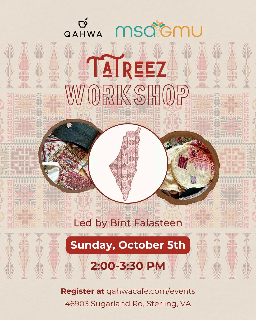 Join us SUNDAY for a TATREEZ WORKSHOP in a special collaboration with the GMU MSA! 🧵🍉

Led by TALA of BINT FALESTEEN, learn the art of TATREEZ: A centuries-old form of Palestinian embroidery in an engaging and creative atmosphere! 🪡✨

Open to atte