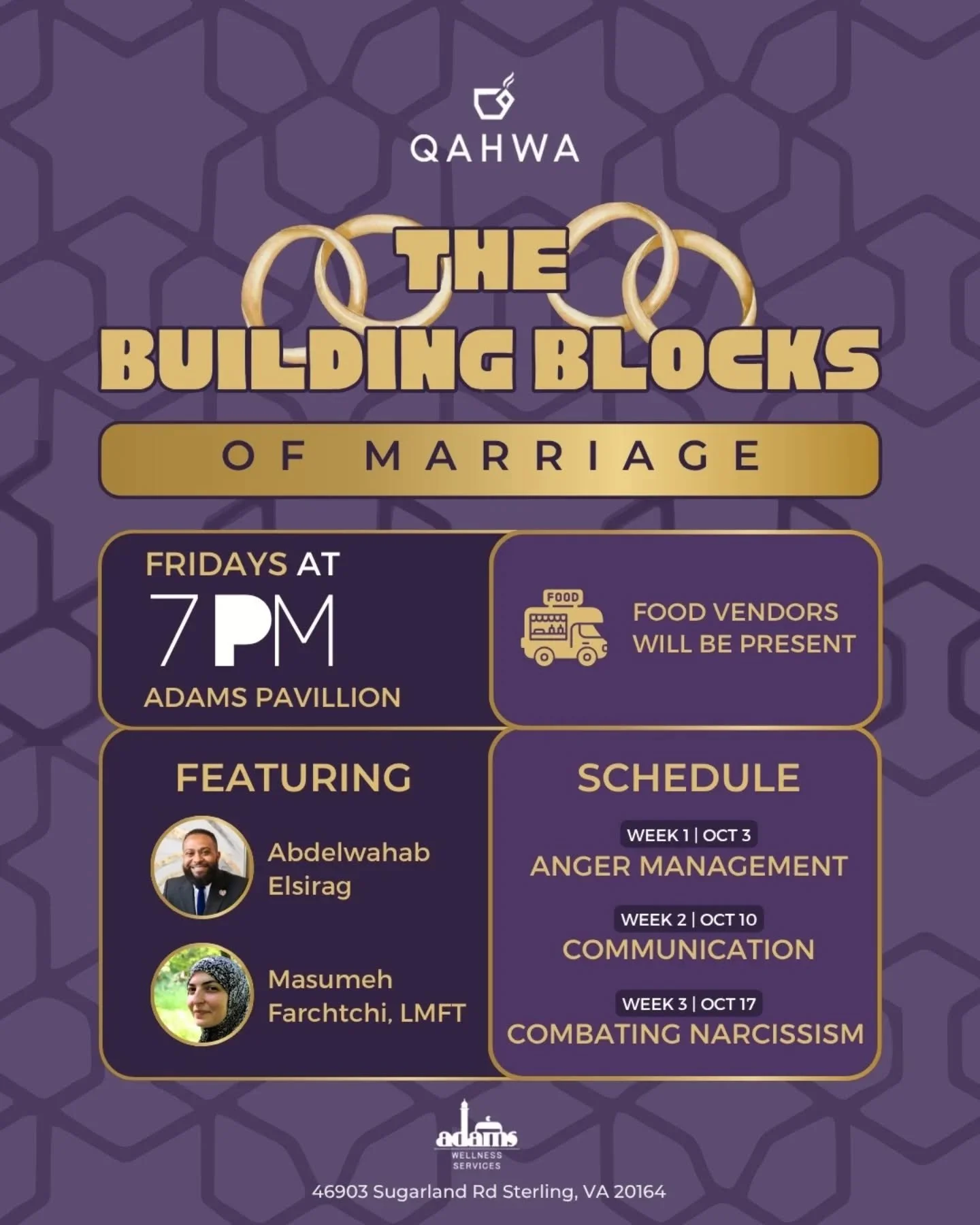 Join us FRIDAY for the start of our new series: THE BUILDING BLOCKS OF MARRAIGE! 💍

Led by ABDELWAHAB ELSIRAG and MASUMEH FARCHTCHI, this 3-week series takes place Fridays after Maghrib in the outside pavilion and will cover major yet common impedim