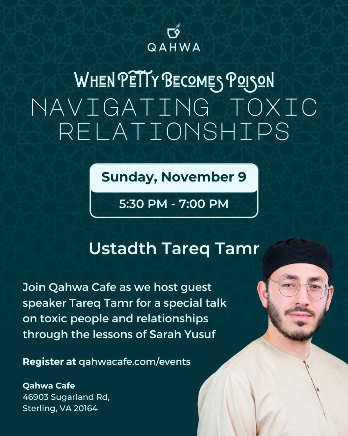 &ldquo;People inspire you, or they drain you. Pick them wisely.&rdquo;

🐍 Join us SUNDAY at 2 for a special talk on NAVIGATING TOXIC RELATIONSHIPS. 

✨ Led by visiting speaker TAREQ TAMR, the director of THABAAT and head of engagement at YAQEEN INST