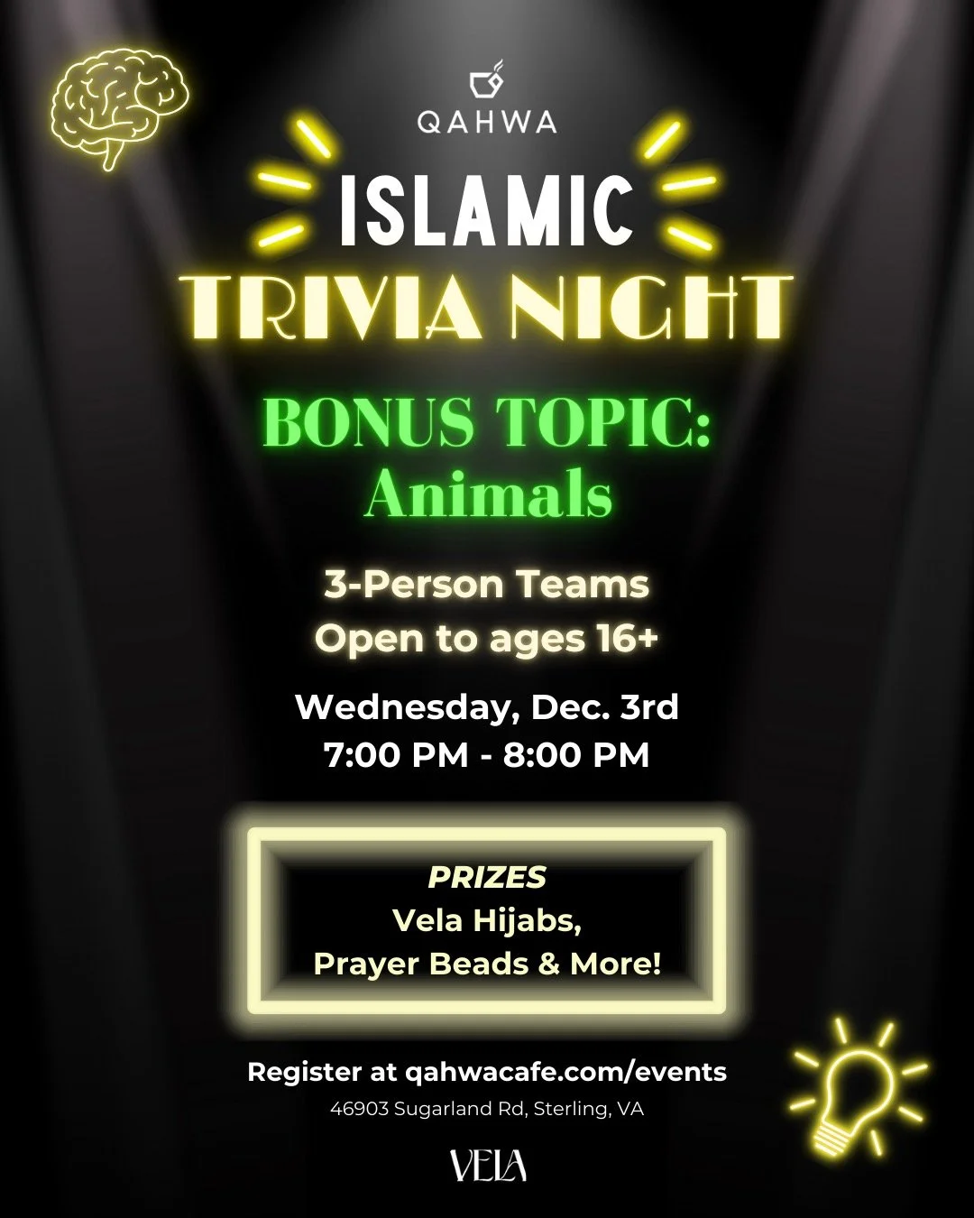 Islamic Trivia Night is back happening WEDNESDAY! 🚨🧠

This week's bonus topic is ANIMALS! 🐱🐻🦁🙉

Participants compete in TEAMS of 3 for the opportunity to win either a VELA SCARF, bottle of OUD, or TASBEEH! 📿

You know we aren't messing around 