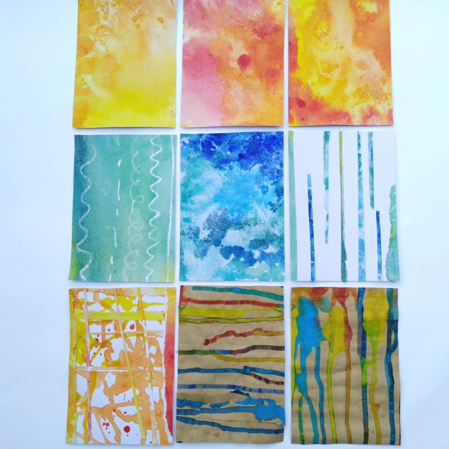 The results of playing with watery paint, whilst demonstrating ideas, in last week's Arts on Referral session have been trimmed to postcard size.

Even the offcuts have become a collage.

Prepared and ready for some stitching...but only when existing