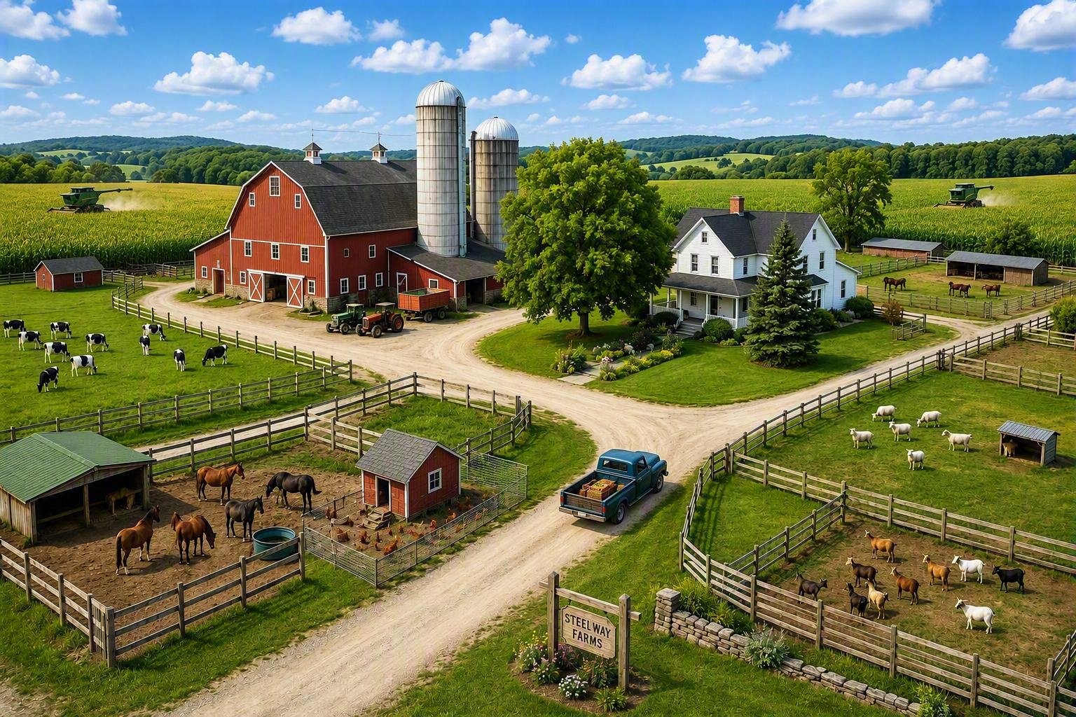 Aerial view of a lush farm with a red barn, silos, farmhouse, pastures with cows and horses, dirt roads, and a sign that reads 'Steel Way Farms'