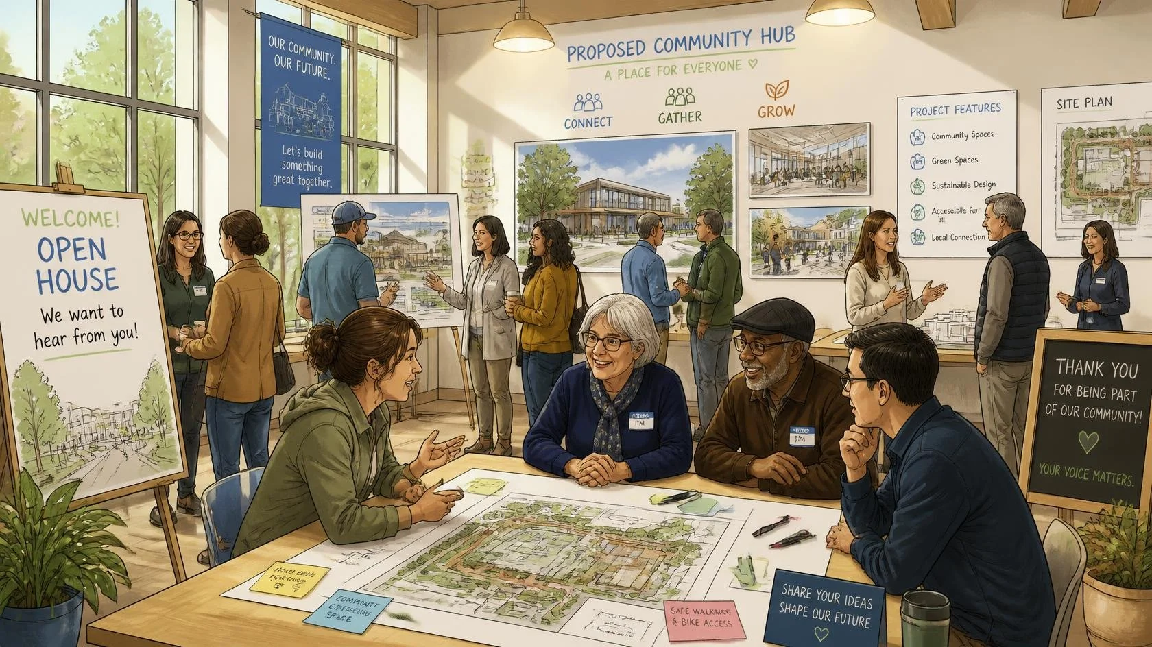 Community planning event in a bright room with large windows, featuring people engaging in discussions and viewing project boards, maps, and designs for a proposed community hub. Signs encourage community input and collaboration.