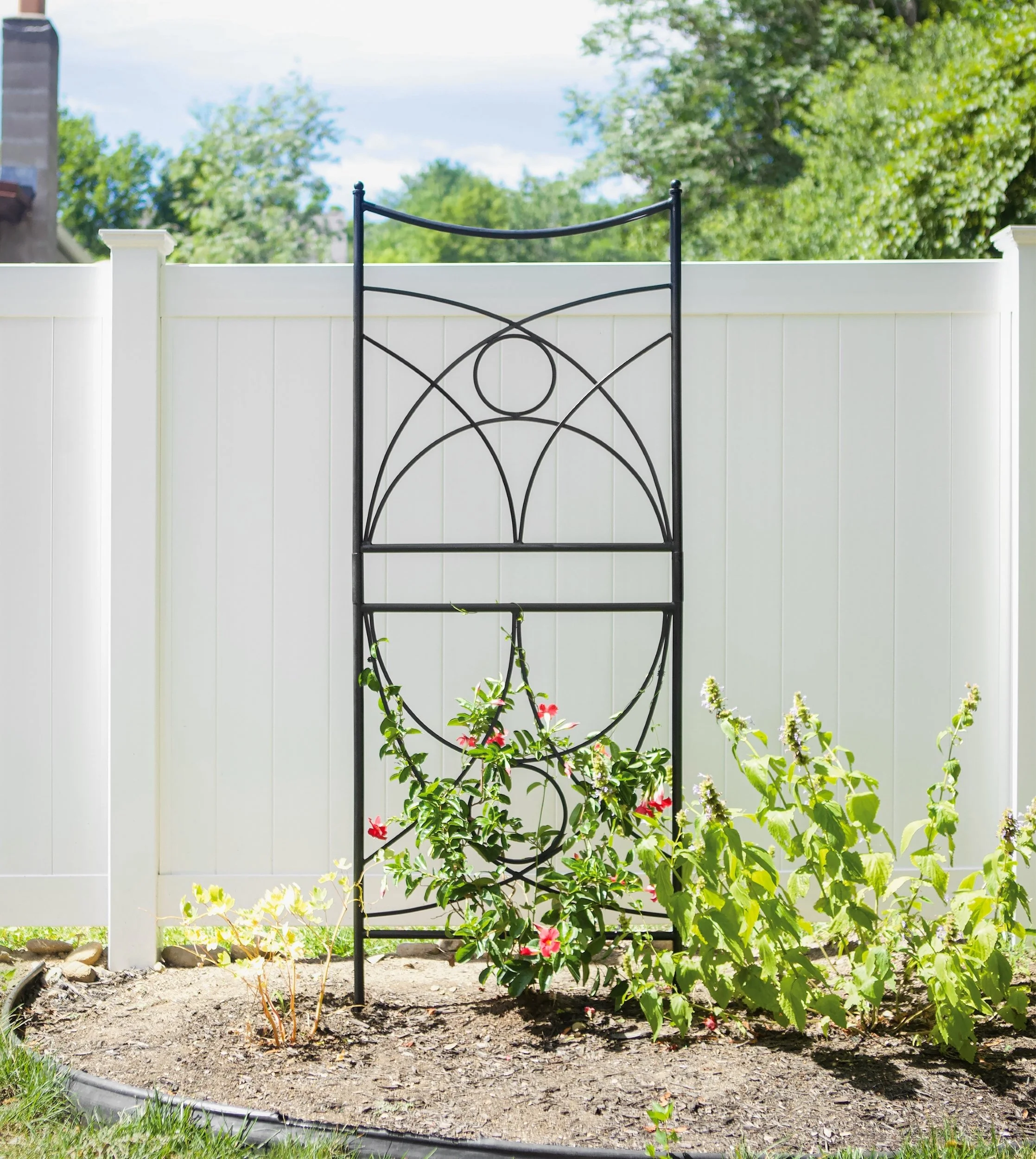 A landscaped backyard garden with a white vinyl fence, metal plant trellis, and vibrant flowering plants.