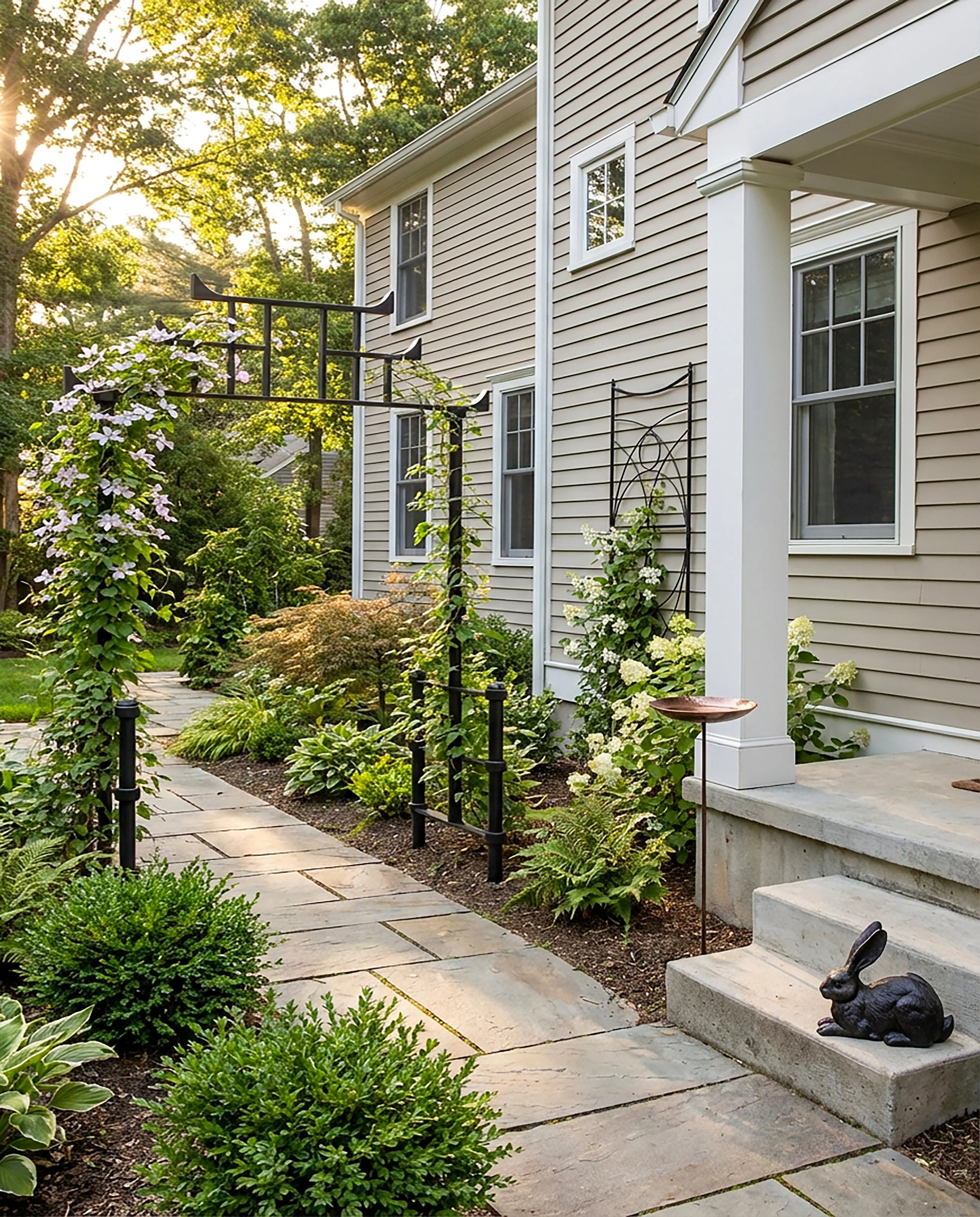 A garden path with stone slabs leading to a house with beige siding, surrounded by lush green plants and flowering vines. A bunny statue is on the steps near the porch. The scene is lit with warm sunlight, and trees are visible in the background.