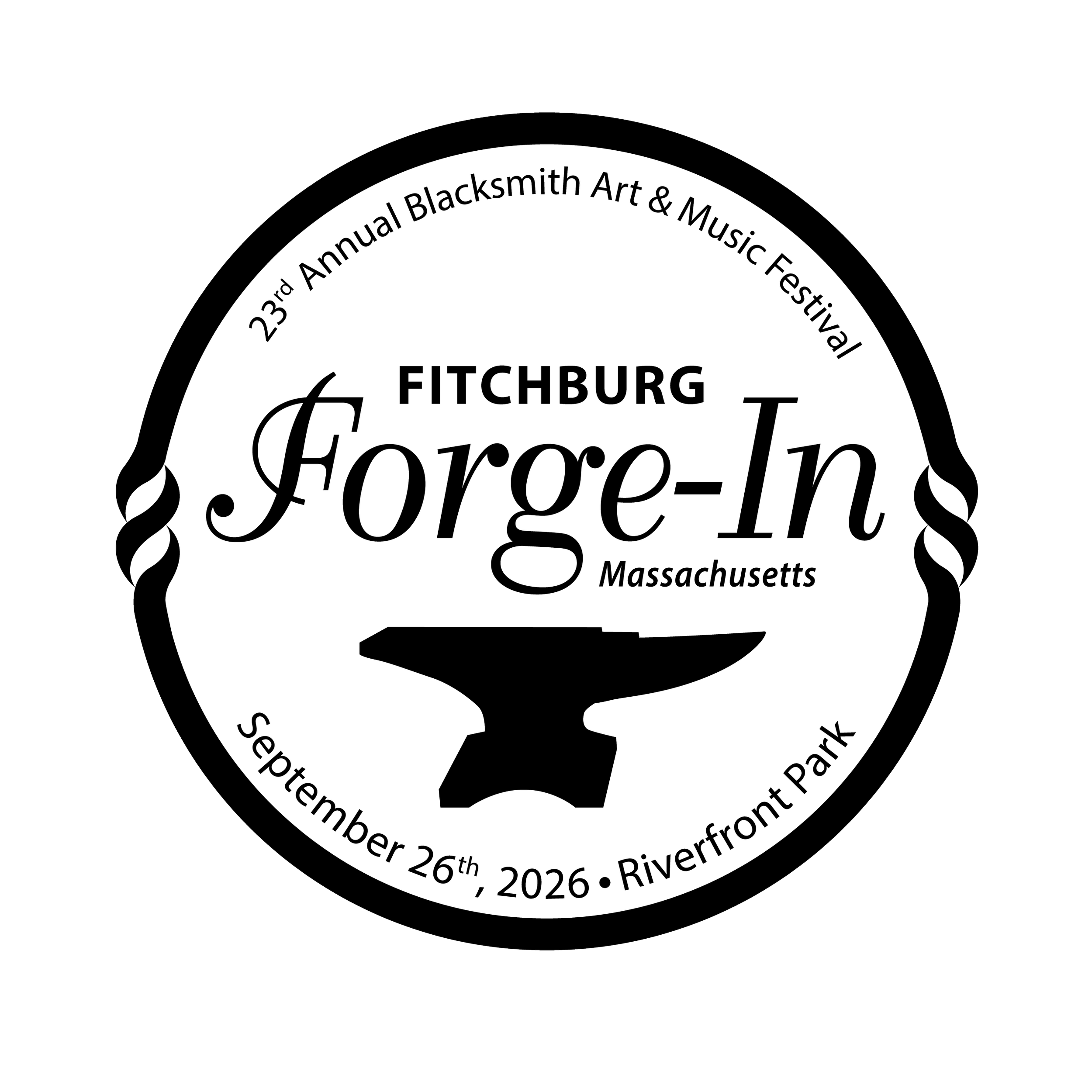 Black and white event badge for the 23rd Annual Blacksmith Art & Music Festival in Fitchburg, Massachusetts, held at Riverfront Park on September 26, 2026, featuring a blacksmith anvil graphic.
