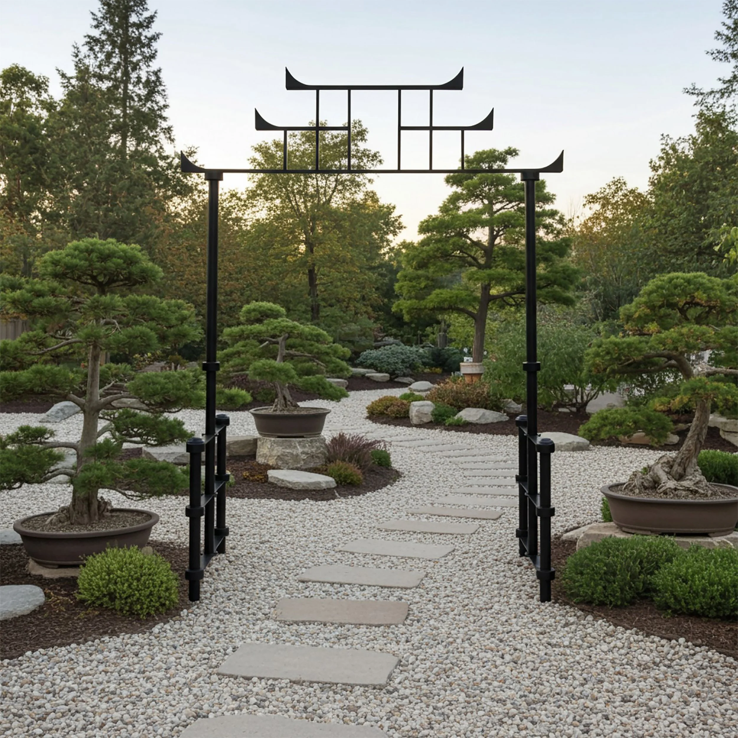 Japanese garden with bonsai trees, stone path, and decorative entry arch.
