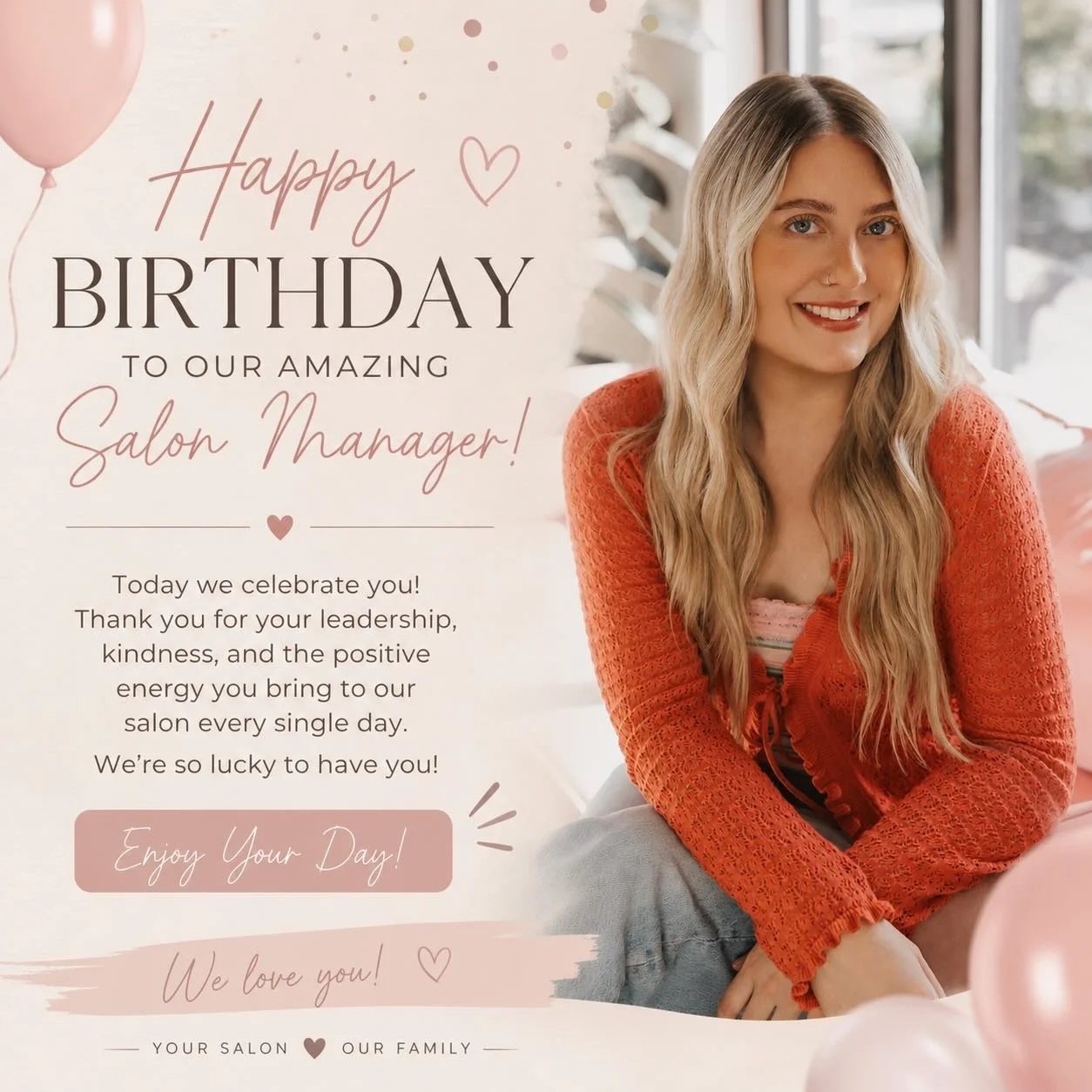 ✨We celebrate Maddie today! ✨

✨She is the warm smile at the front desk, the kind voice on the phone and the glue that holds our salon together!! 💕

✨ Thank you Maddie for all you do! 

🎉Happy Birthday to our girl! 🎉