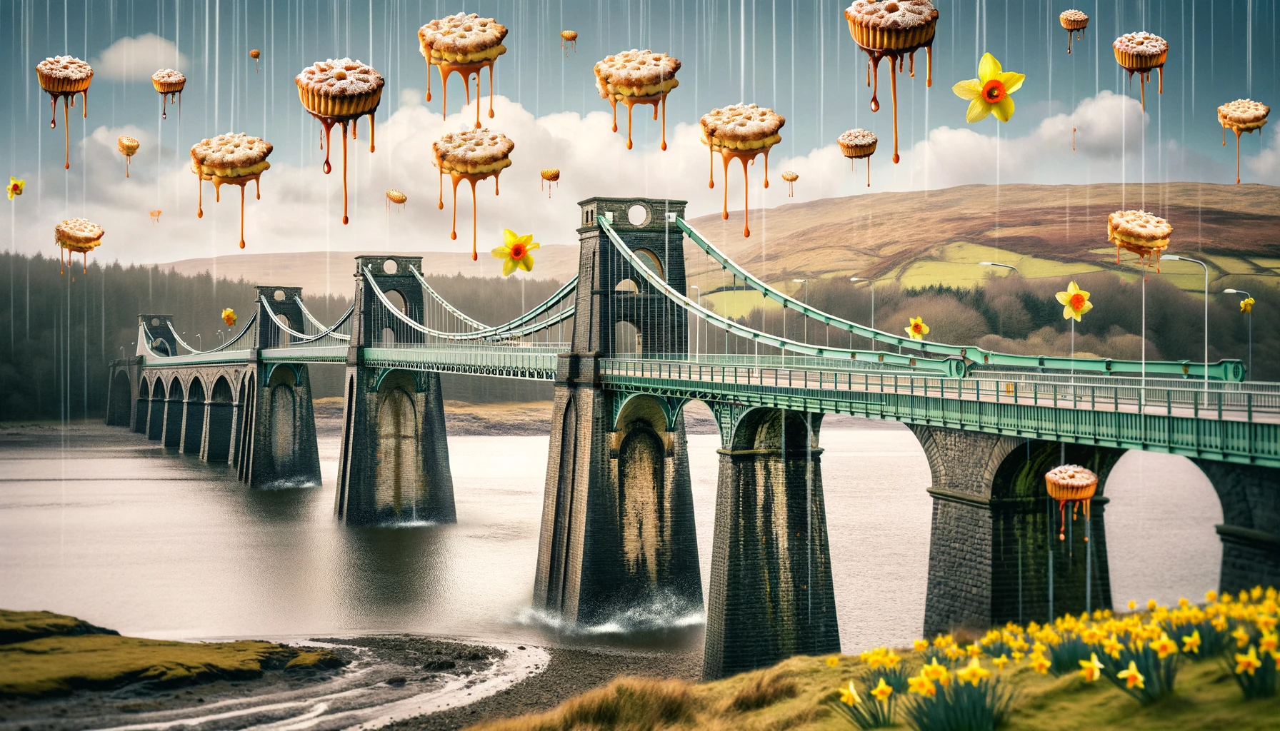 DALL·E 2024-01-08 19.08.32 - An imaginative portrayal of the Menai Bridge in Anglesey, North Wales, under a unique weather phenomenon where it's raining Welsh cakes and daffodils.png