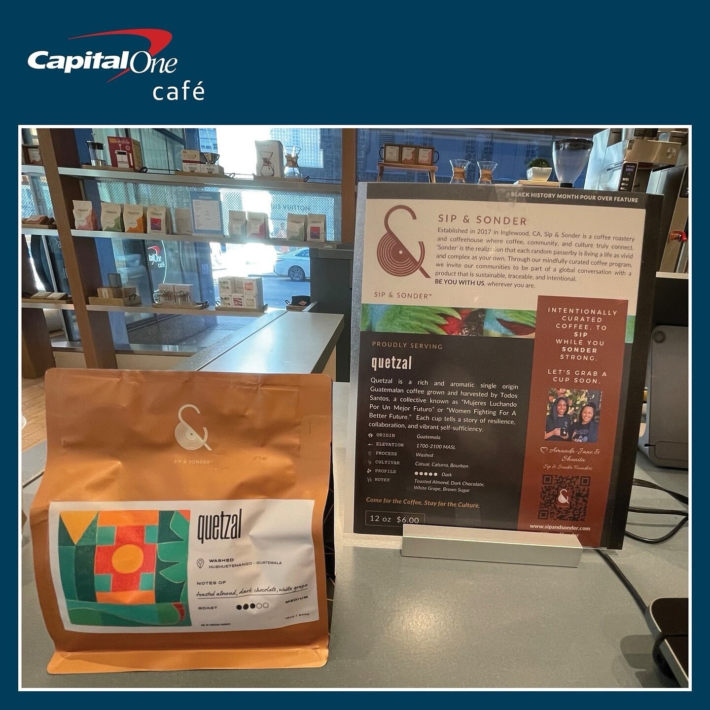 🎉 So excited for @SipandSonder to be this month&rsquo;s feature coffee at @capitalonecafe&rsquo;s 55 locations nationwide!  They&rsquo;ll be serving up our two newest roasts, Quetzal and Kismet 🇧🇷🇬🇹🇨🇴 Stop by for a cup or bag in a city near yo