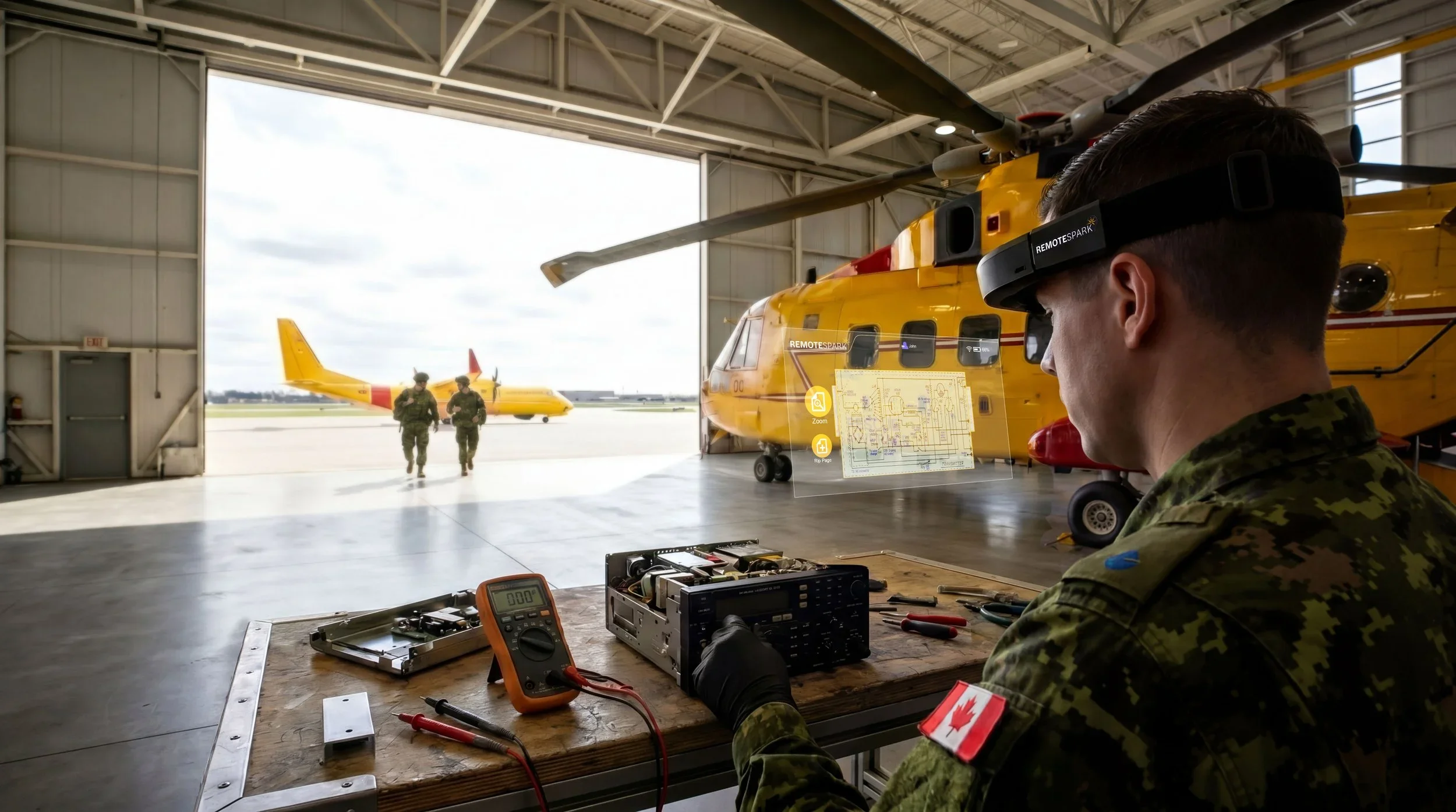 Military personnel working inside a hangar with a yellow helicopter and two soldiers walking outside.