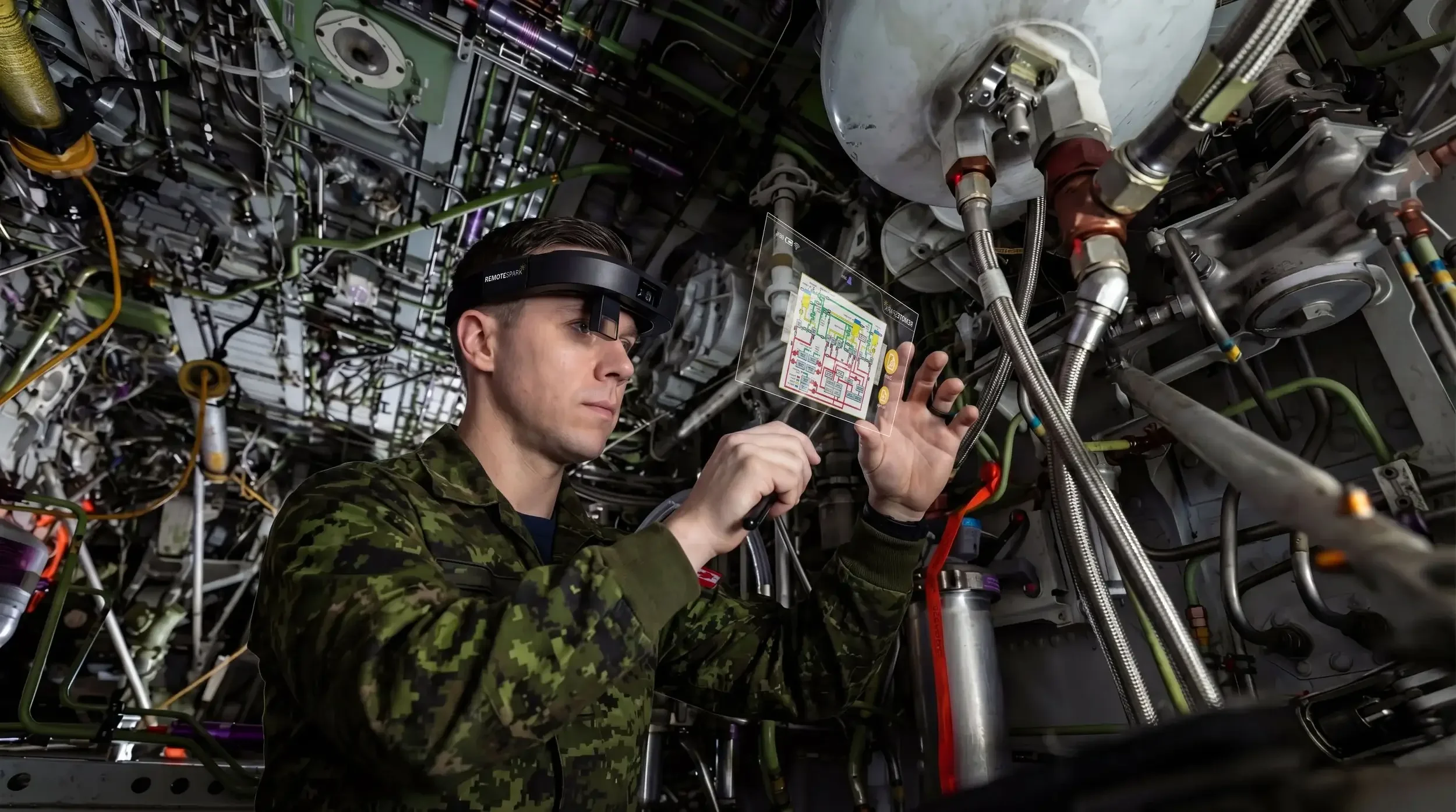 A uniformed man wearing an augmented reality headset using RemoteSpark