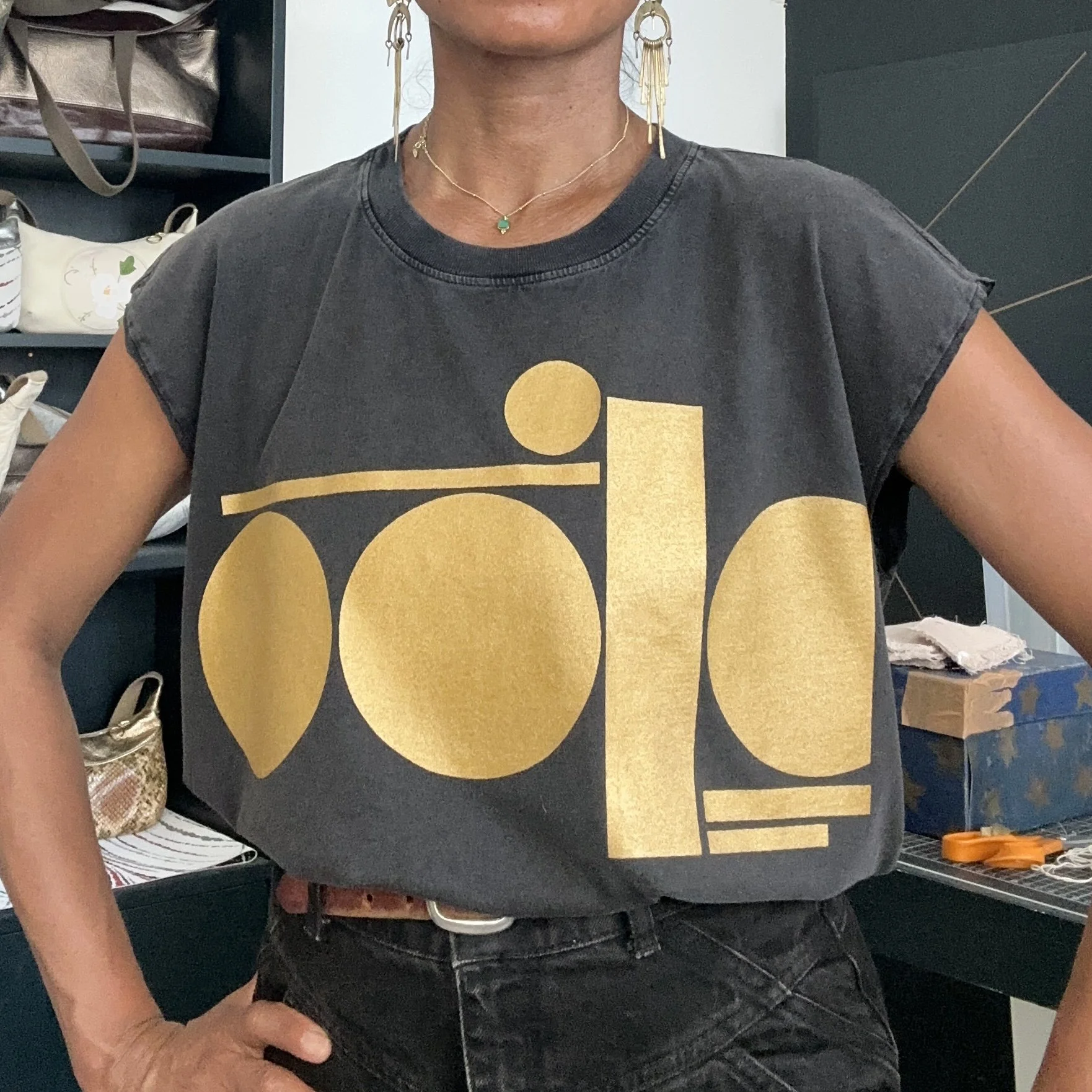 gold tag on stone washed black raw tank - women's fit
