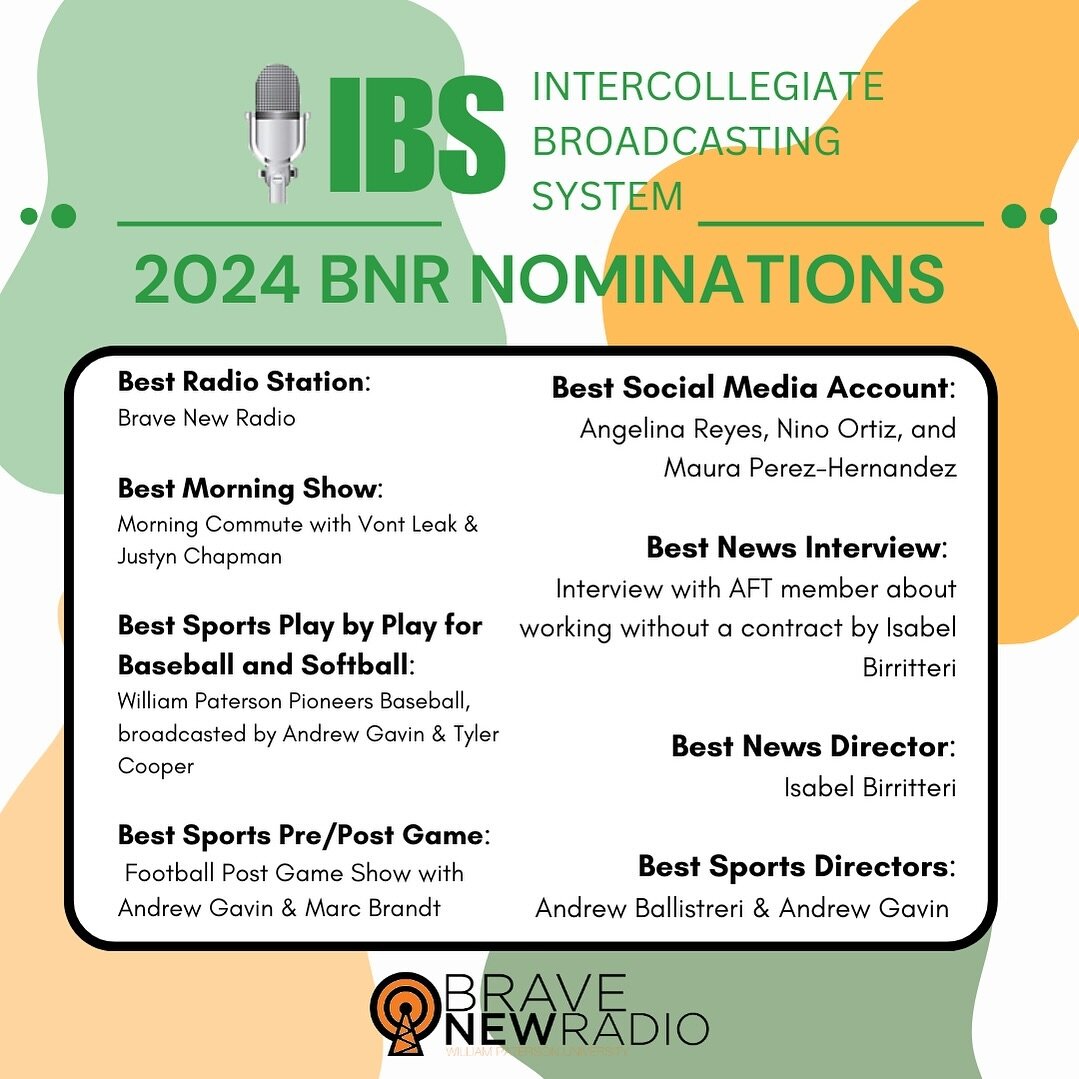 Brave New Radio and its team members are honored to be nominated for 8 IBS awards! Thank you @ibsstudentmedia for giving our team this amazing opportunity! The winners of all the categories will be announced on March 2, 2024! 

#ibsstudentmedia #brav