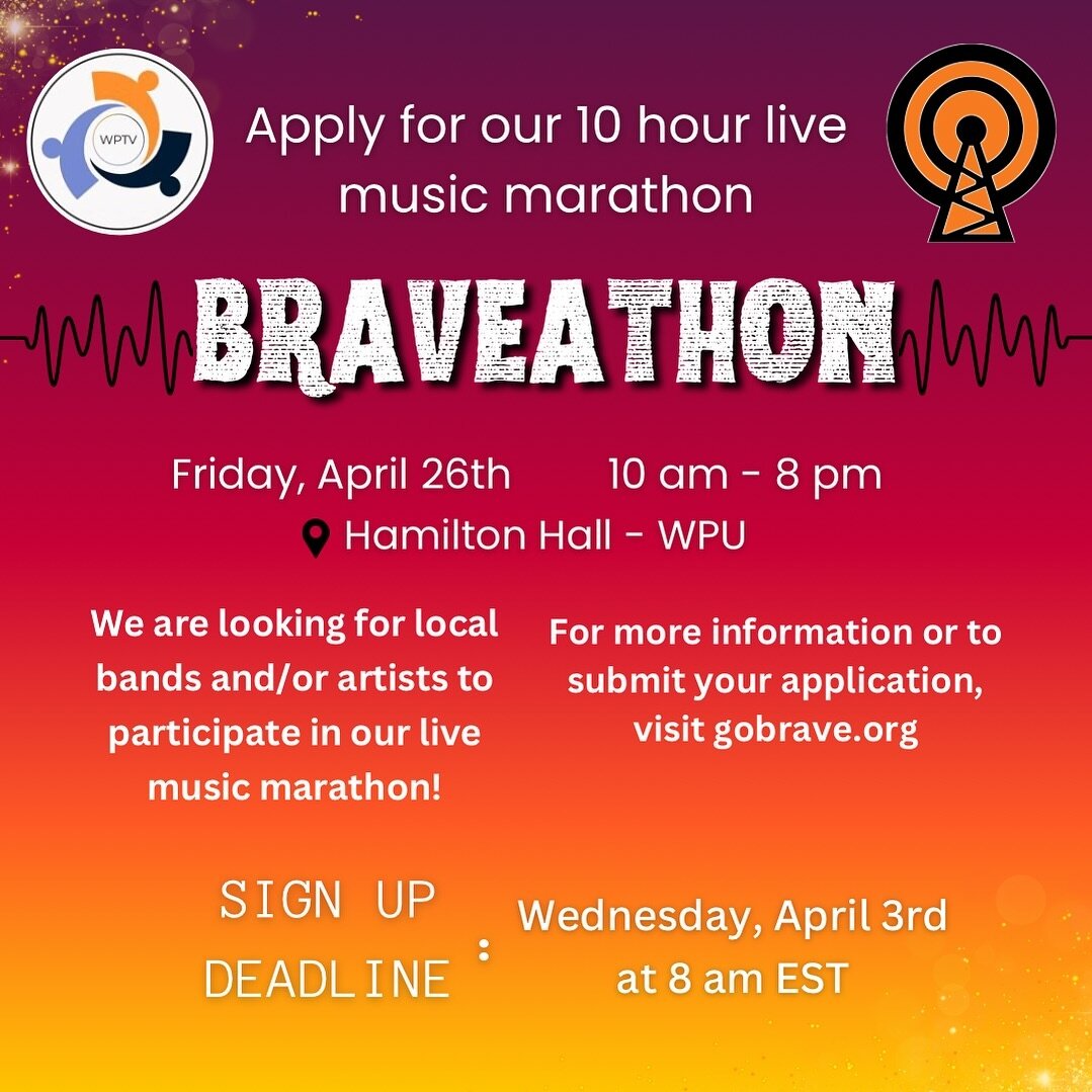Calling all local bands/ artists‼️ Brave New Radio  is hosting our annual Braveathon with @wptvnetwork and we need your help! If you are interested in being a part of our live-music marathon please submit your application in the link in our bio title