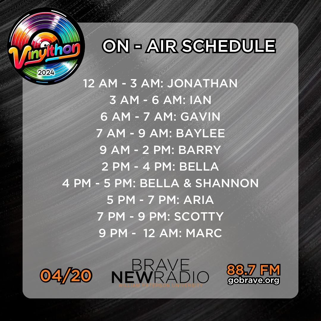 Vinylthon 2024 is right around the corner! We are ready to celebrate vinyl music this Saturday, April 20th, and here&rsquo;s our lineup for the day! Let&rsquo;s have a fun time 😆🧡🖤 Tune in 88.7 FM or gobrave.org

#gobrave #staybrave #bravenewradio