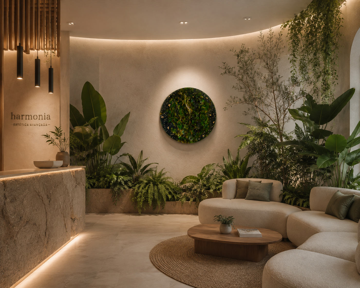 Recepção de clínica estética com decoração natural, sofá branco, plantas verdes e parede com arte circular
