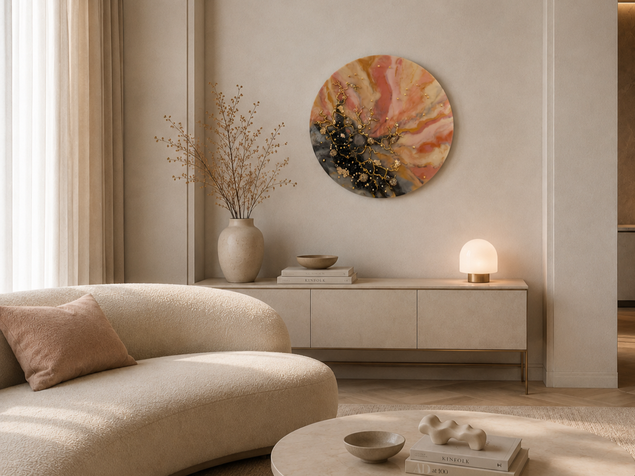 Sala de estar decorada com móveis em tons neutros, parede com quadro de arte abstrata, mesa de centro com livros e objetos decorativos, luminária acesa, e cortinas de tecido leve.