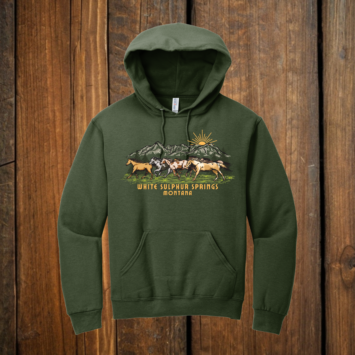 wild horse montana scene on green hoodie