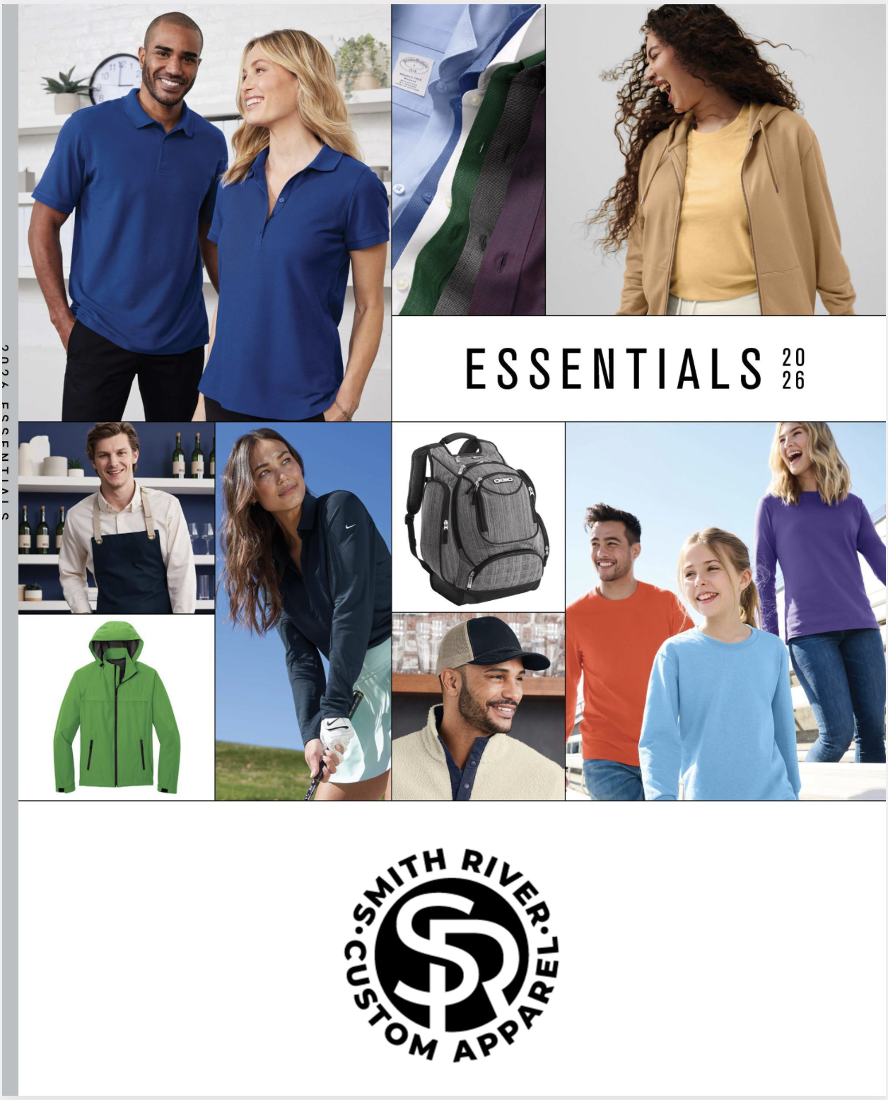 Collage of people wearing casual and sports clothing, a backpack, a green jacket, and a logo for Smith River Custom Apparel with the text "ESSENTIALS 2026".