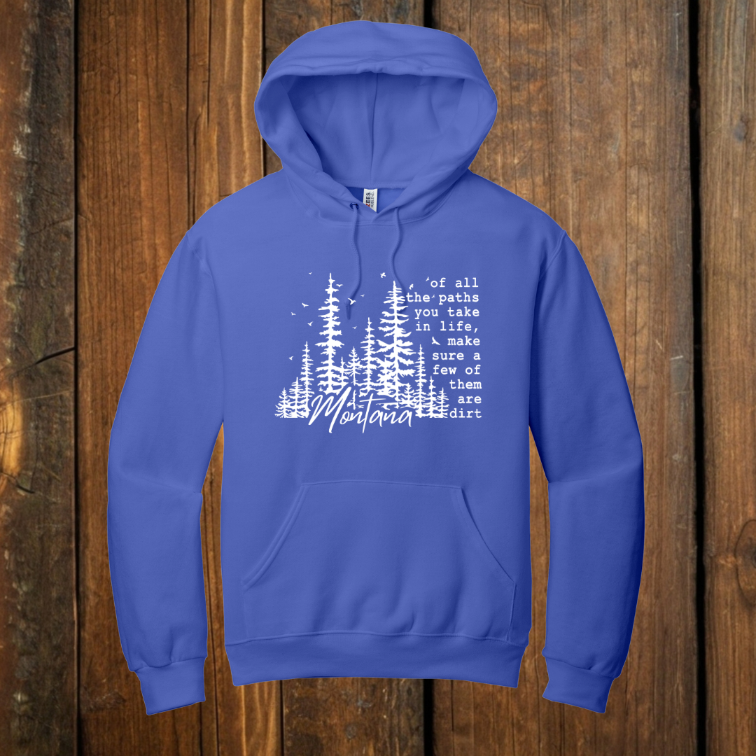 Montana Dirt Roads Hoodie with white graphic print