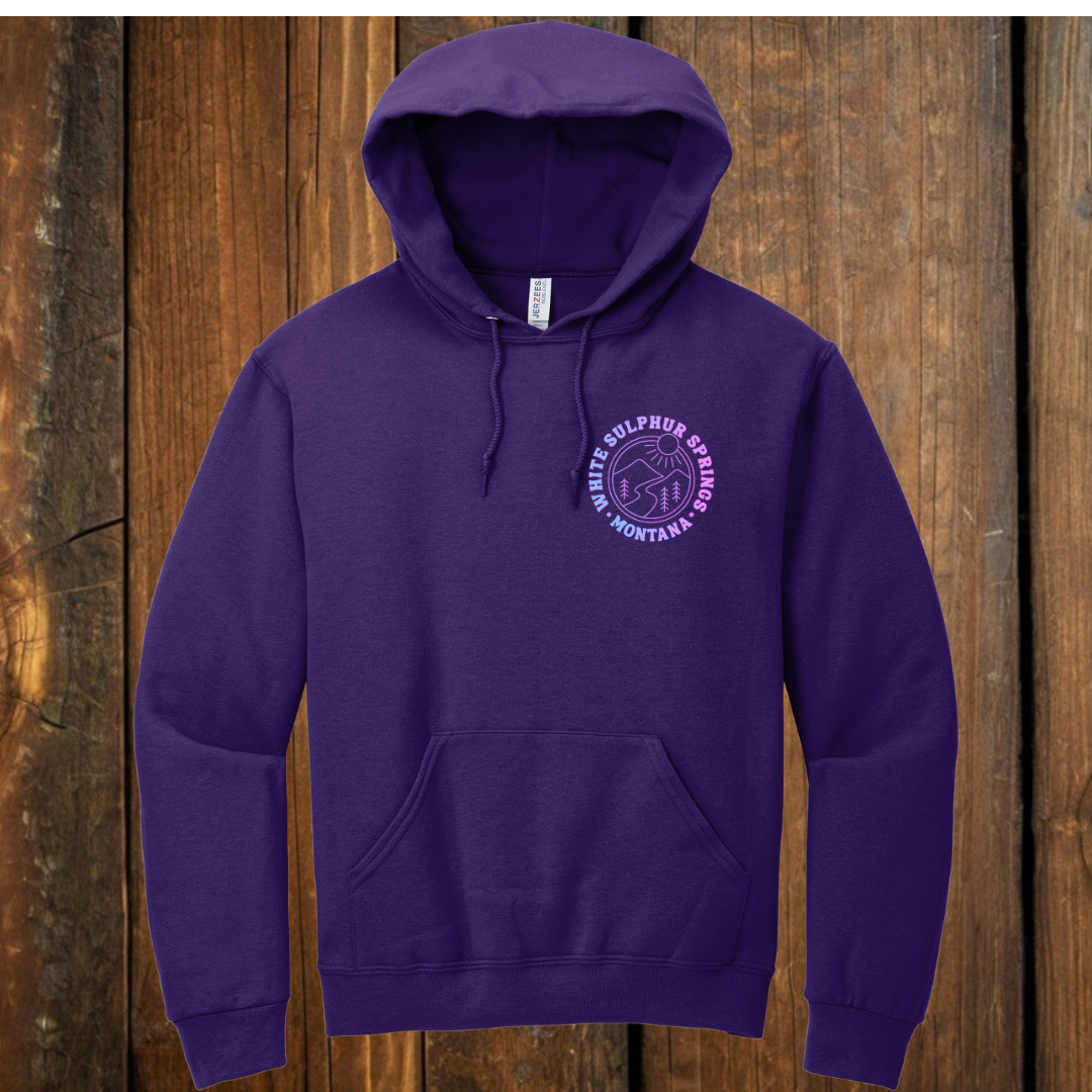 front of purple hoodie with gradient white sulphur springs design