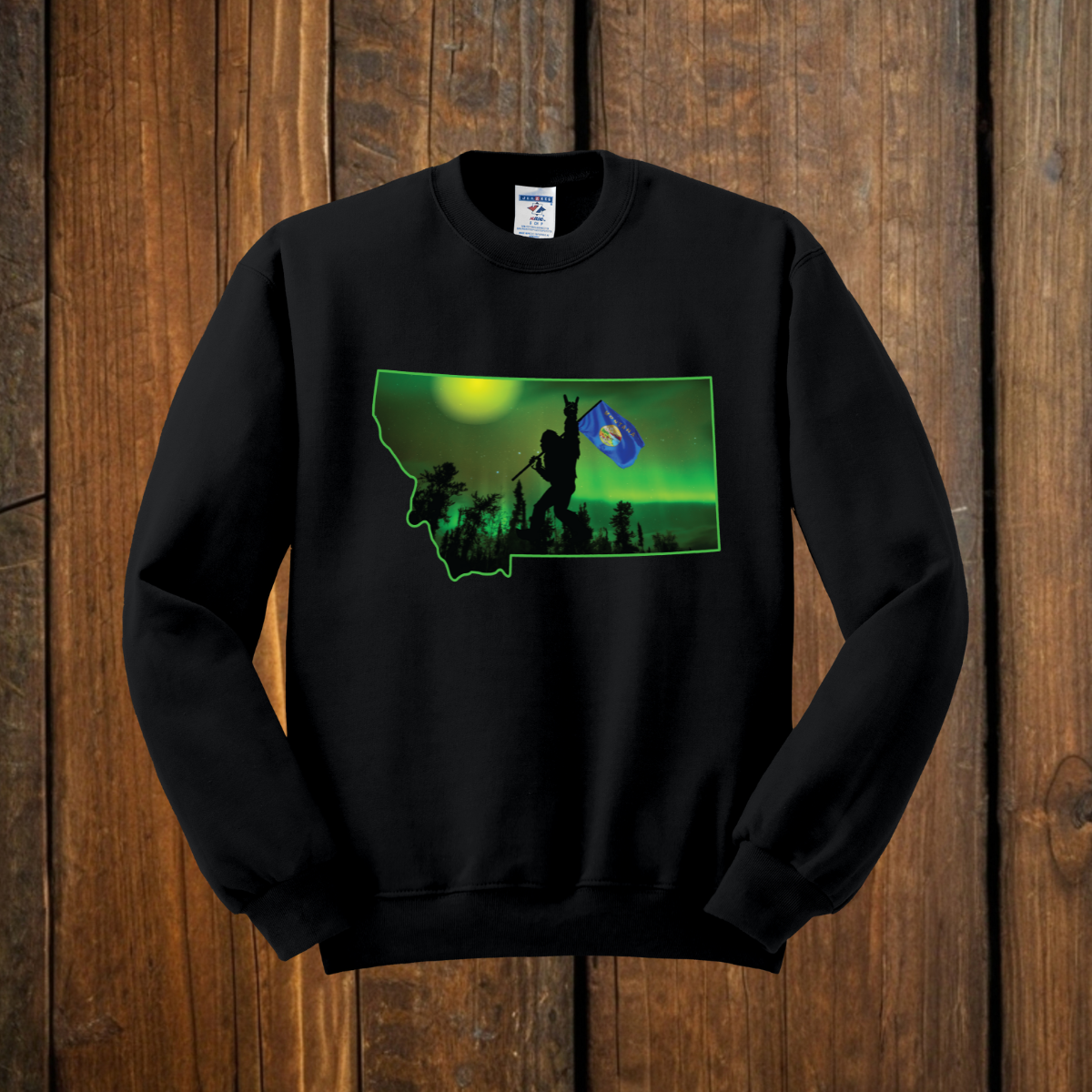 montana bigfoot on black sweatshirt