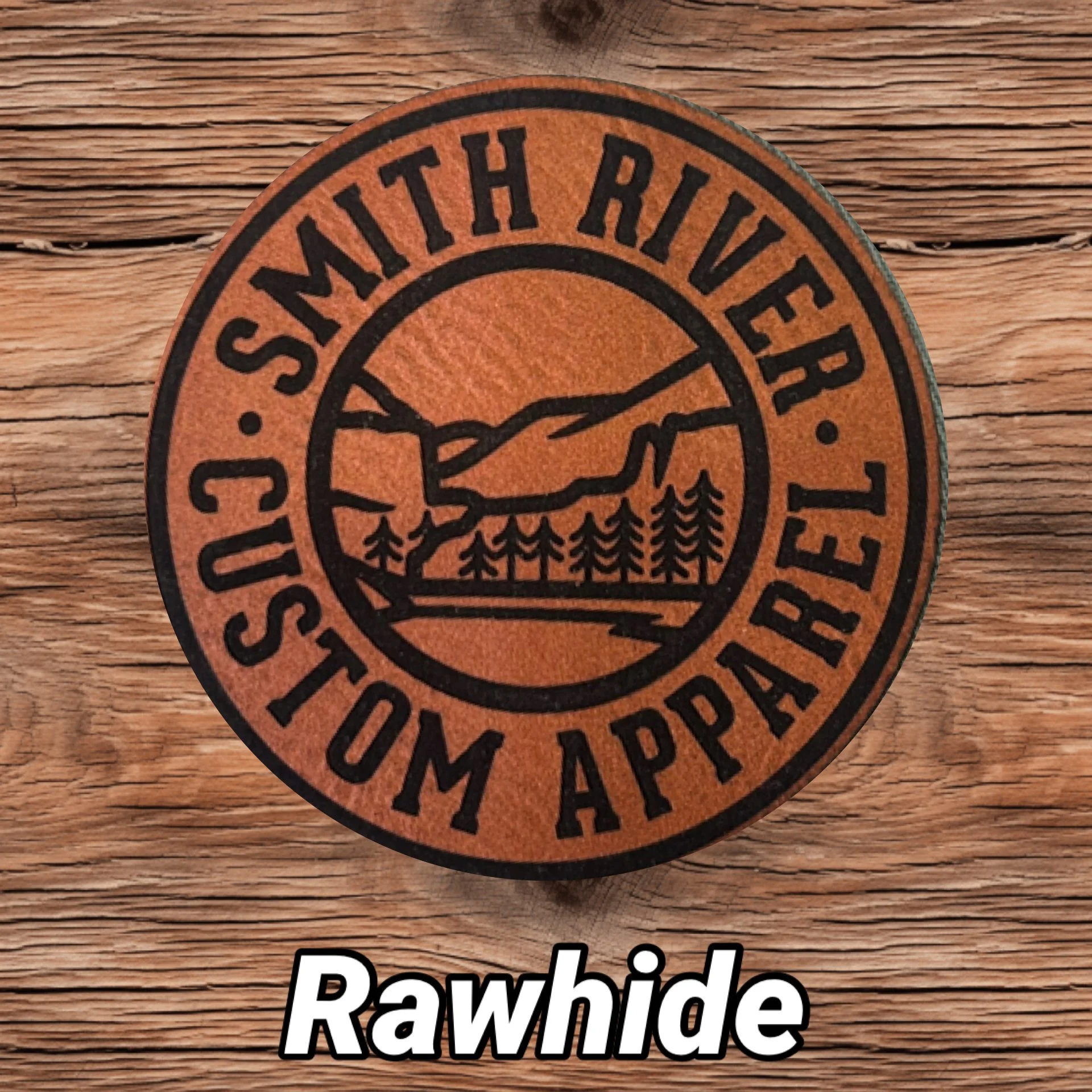 a close up of the leather patches that Smith River Custom Apparel offers for their custom leather patch hats. this is a rawhide patch with contrast engraving giving it a very classy look