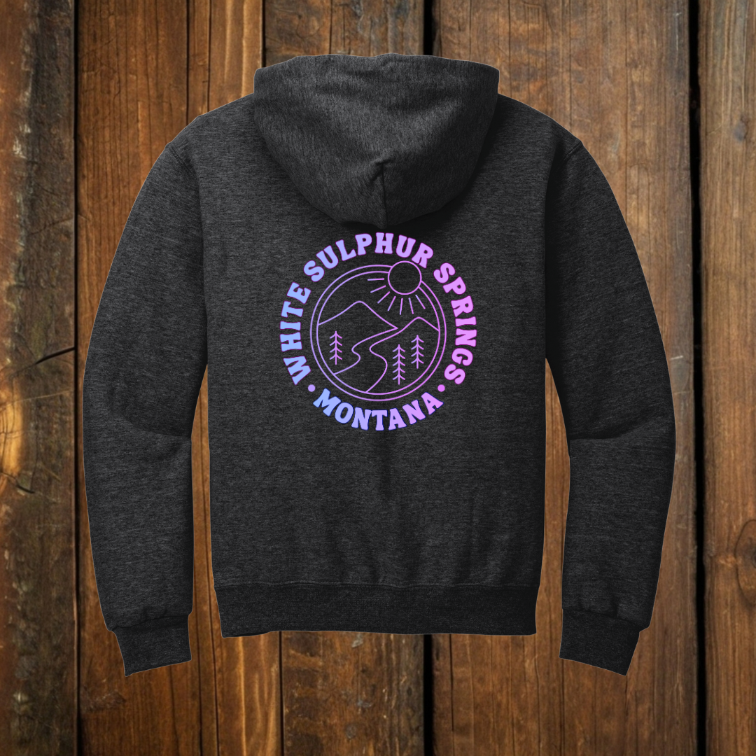back of gray hoodie with gradient white sulphur springs design