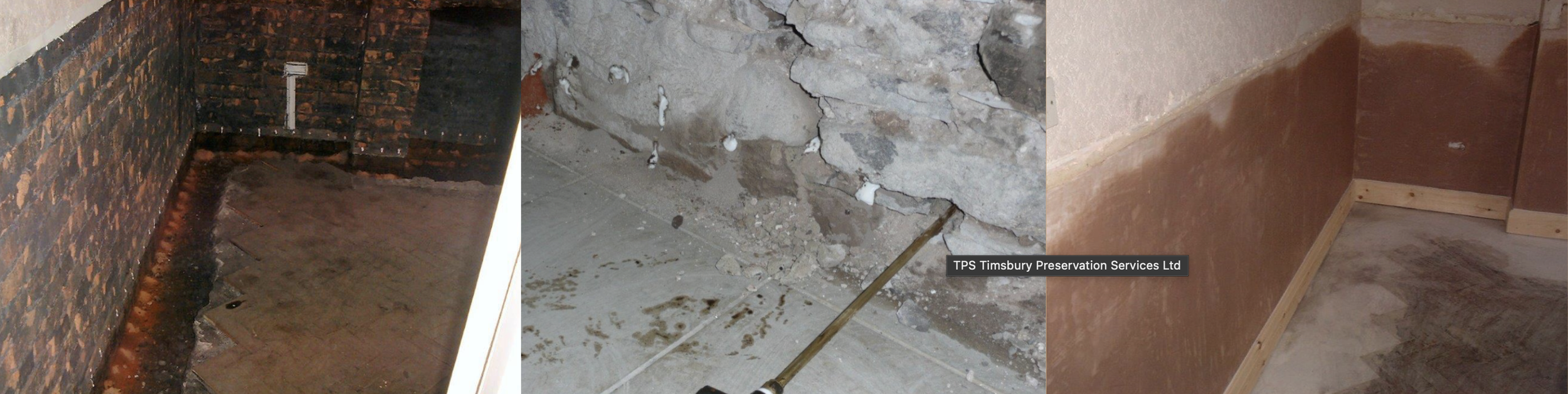 Comparison of three basement wall renovation stages: brick wall, stone wall and finished plastered wall