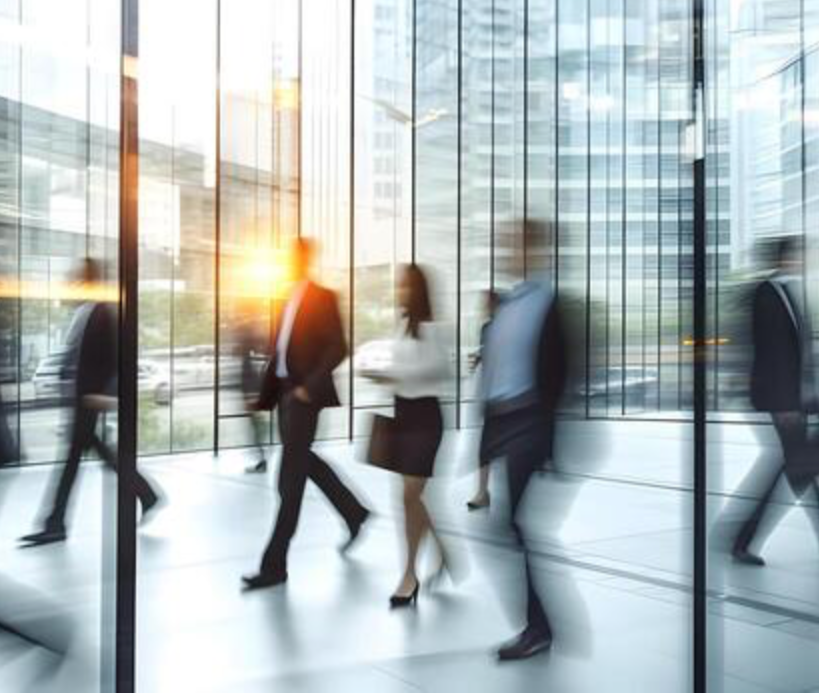 Business professionals walking inside a modern office building with glass walls and large windows, sunlight streaming in.