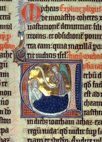 Illuminated V depicting angel before Micah; gold leaf (c 1270)