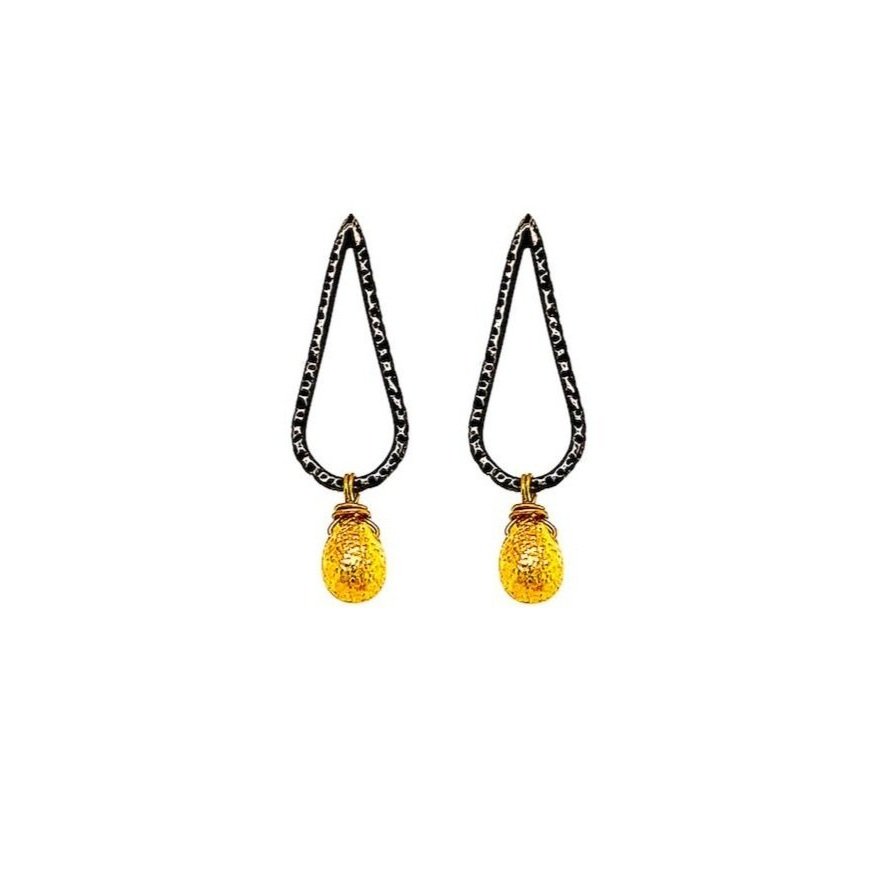 handmade recycled oxidized silver tear drop post earrings with 18k gold drop