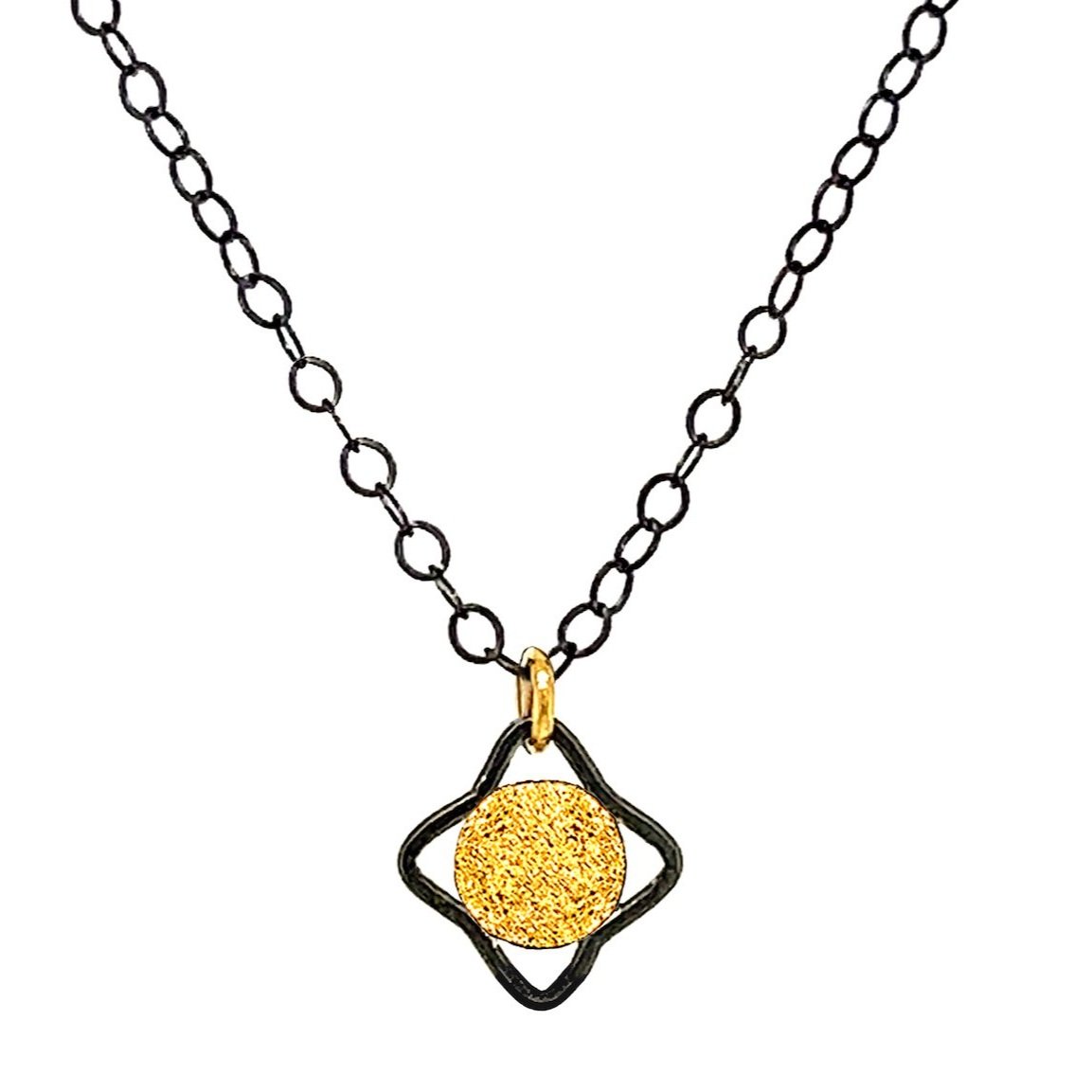 handmade 18K Gold textured sun pendant necklace with oxidized silver frames