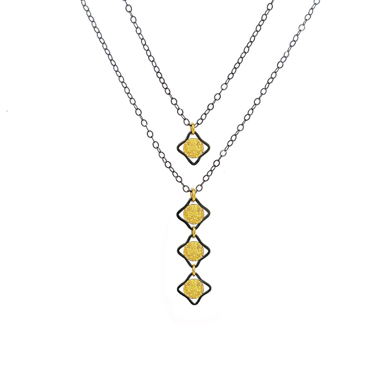 black silver chain with 18k gold sun pendant stacking necklace