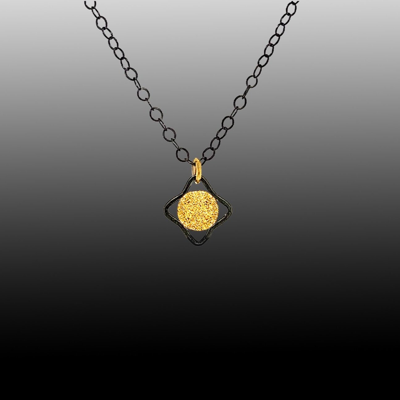 textured 18K gold sunspot artisan stacking necklace with recycled silver and oxidized chain