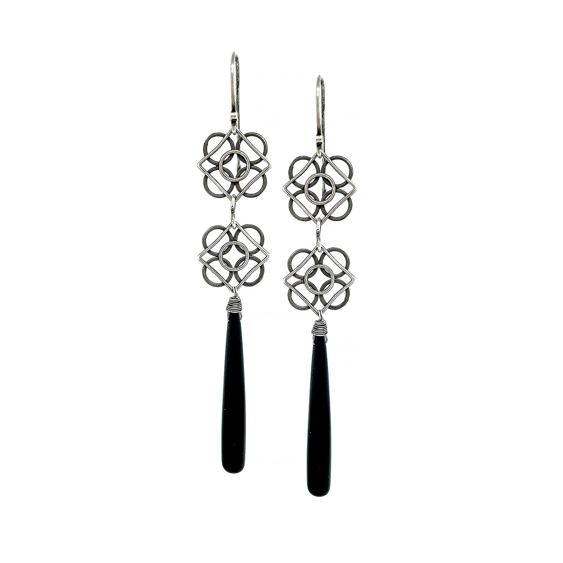 signature compass rose argentium oxidized silver linear earrings black onyx briolette