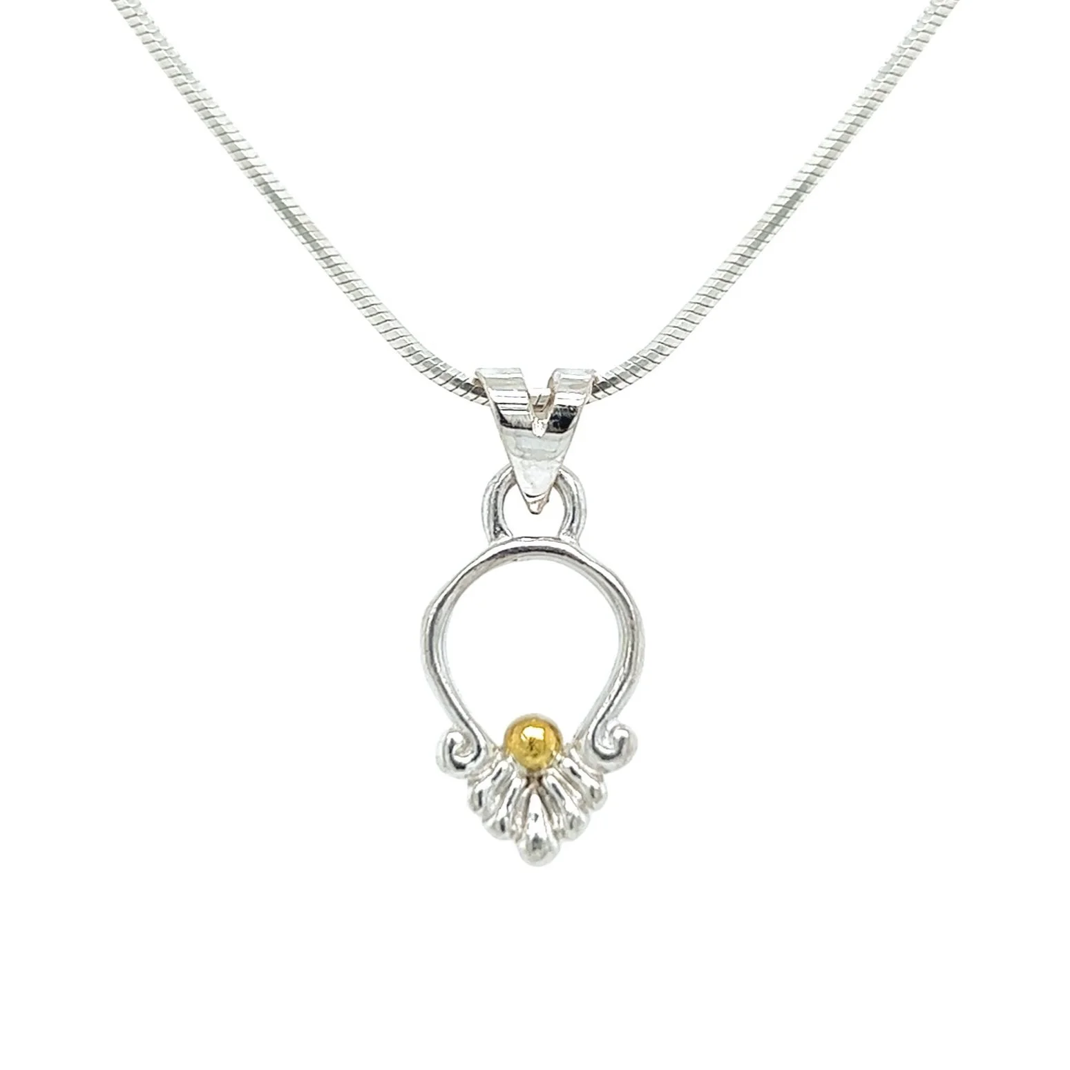 hand-made silver acanthus pendant recycled 18K gold sphere necklace snake chain