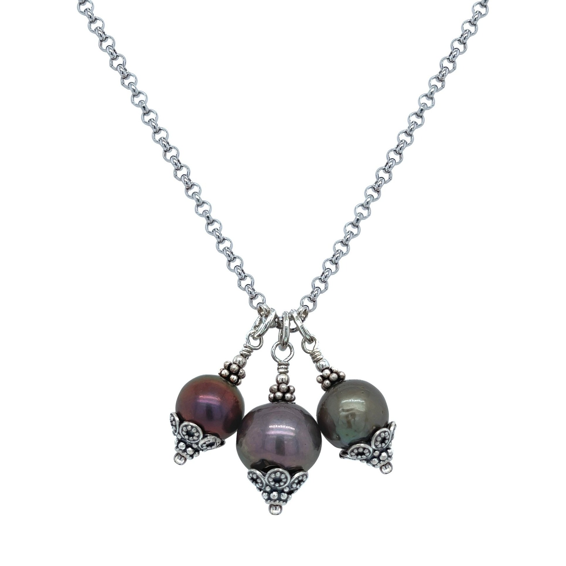 hand-fabricated silver pearl charm necklace rolo chain lobster clasp