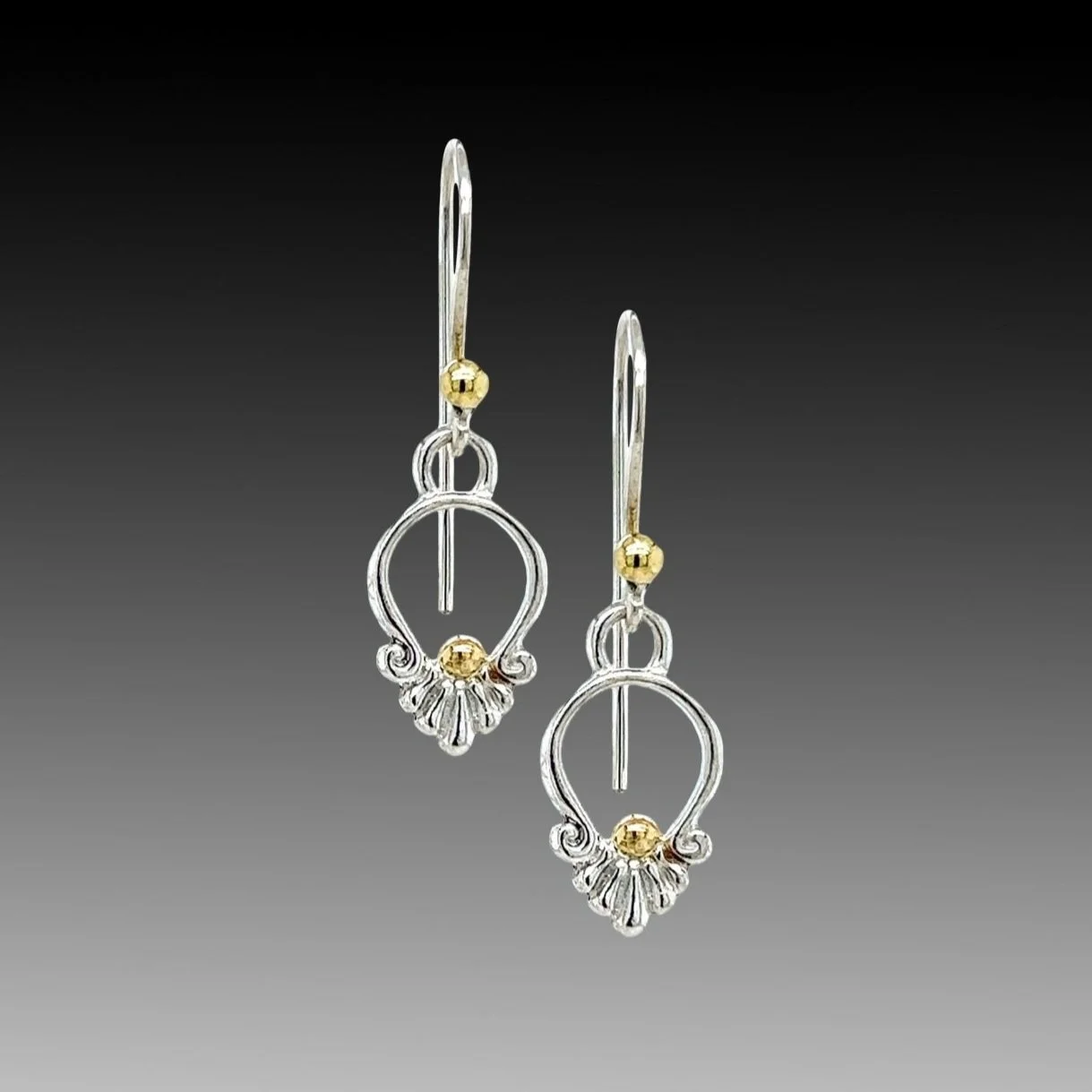 hand-made acanthus drop dangle earrings silver with 18K accents elements french hook with 18K gold