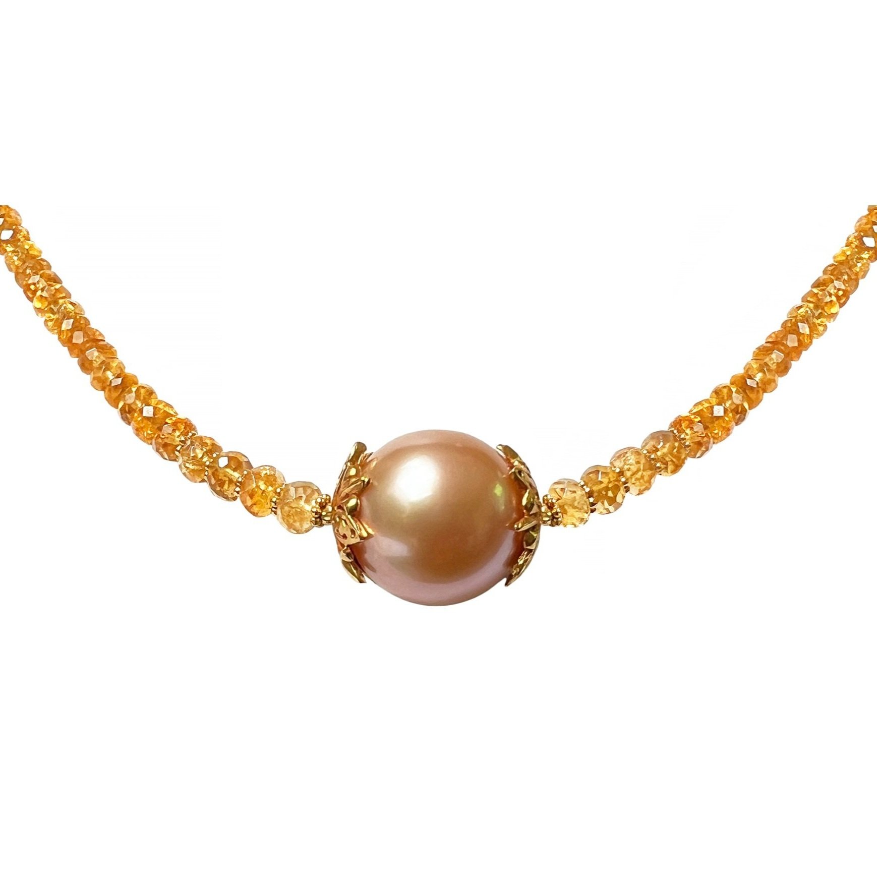 huge freshwater Edison cultured pearl round 13mm hand-fabricated citrine briolette solid gold