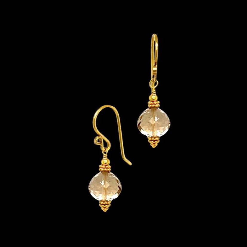 citrine micro-faceted gemstone 18K gold earrings hand-fabricated