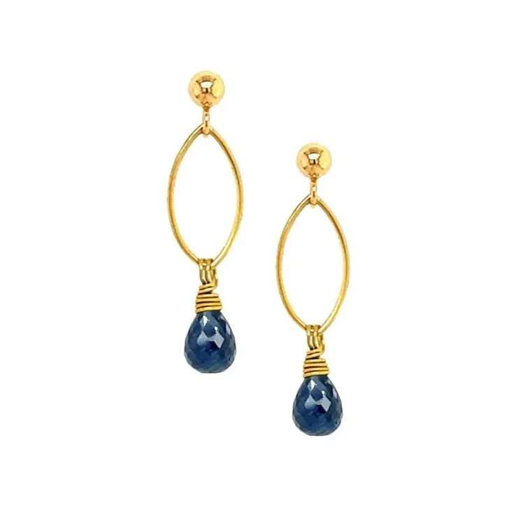 dark blue sapphire faceted gemstone and 18K recycled gold earrings hand-fabricated