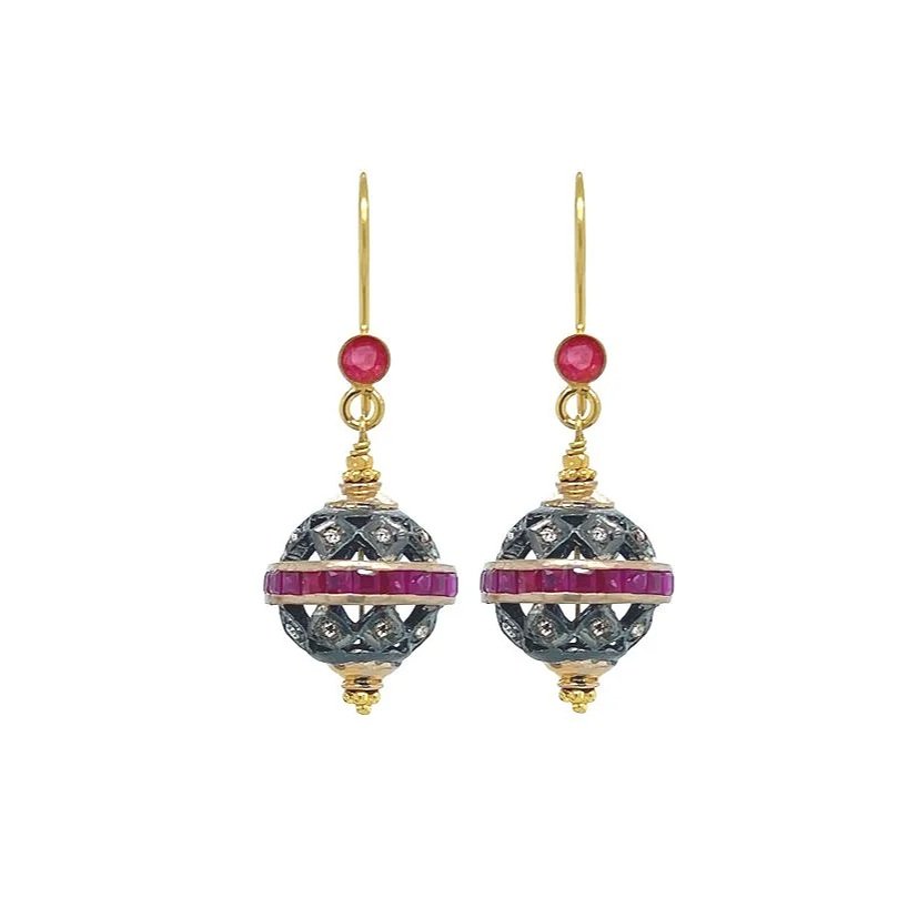opulent filigree 18K yellow gold and silver ruby and diamond pave set earrings hand fabricated