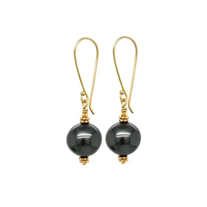 artisan made black saltwater Tahitian pearl and recycled yellow gold earrings