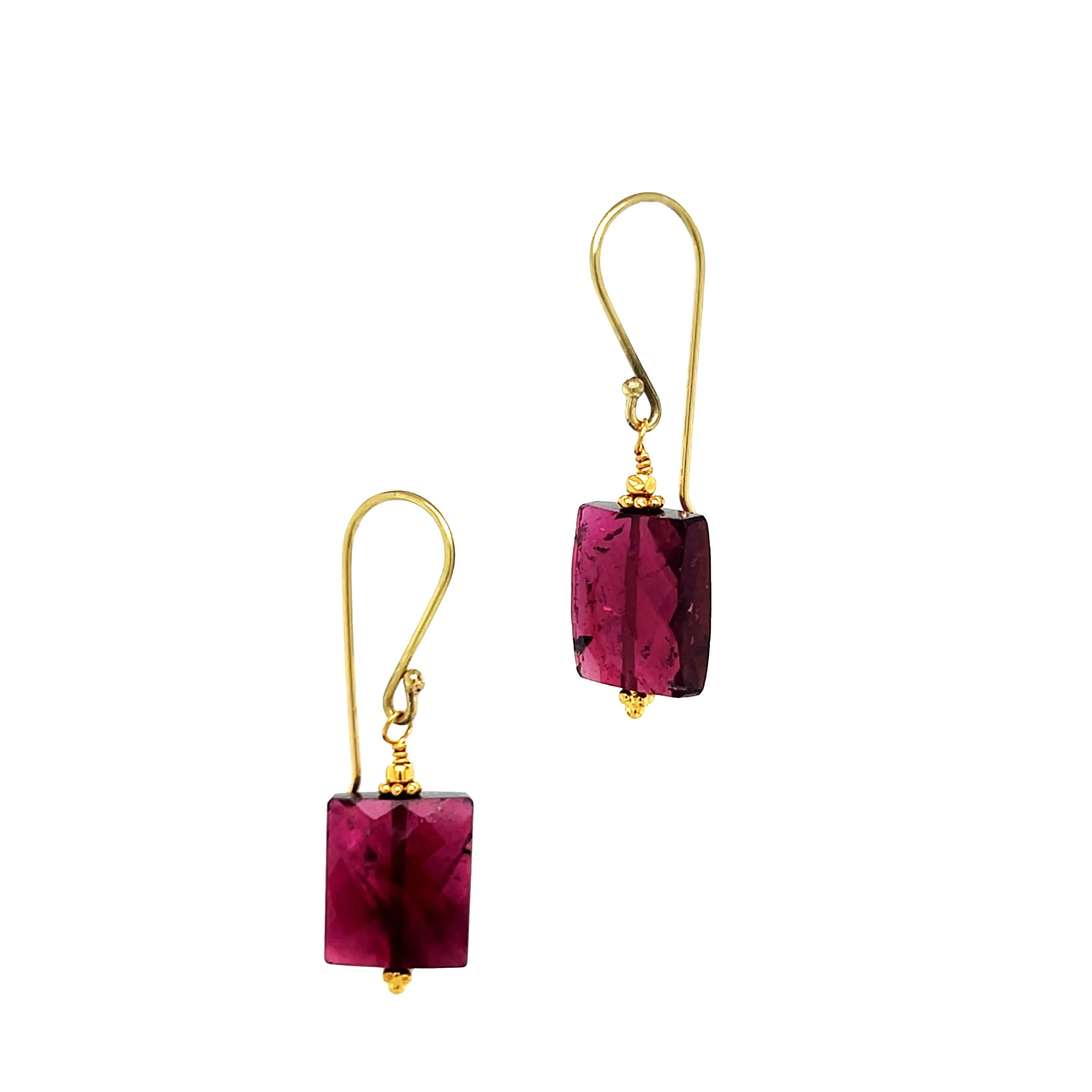 rubelite tourmaline cushion gemstone and 18K yellow gold artisan made earrings