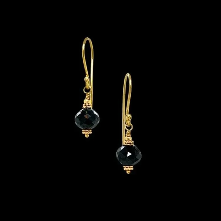 large black diamond rondelle and solid 18K yellow gold earrings hand-fabricated