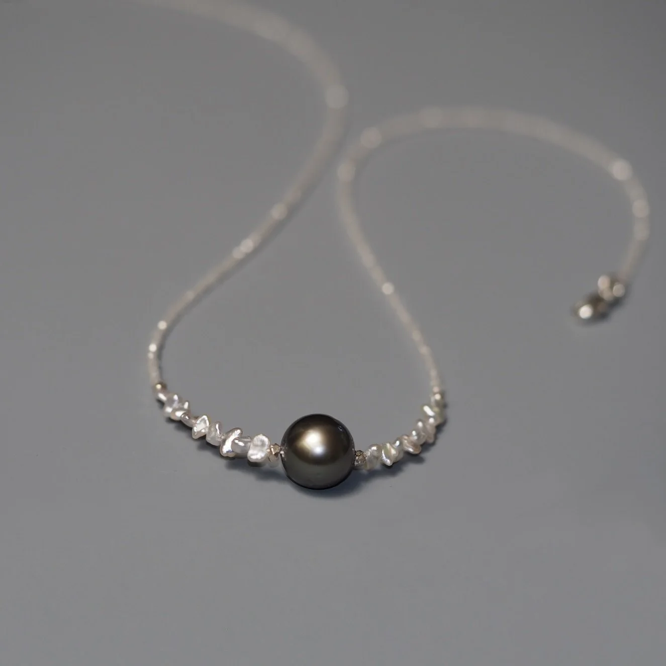 black pearl and white zircon microfaceted rondelle necklace artisan made