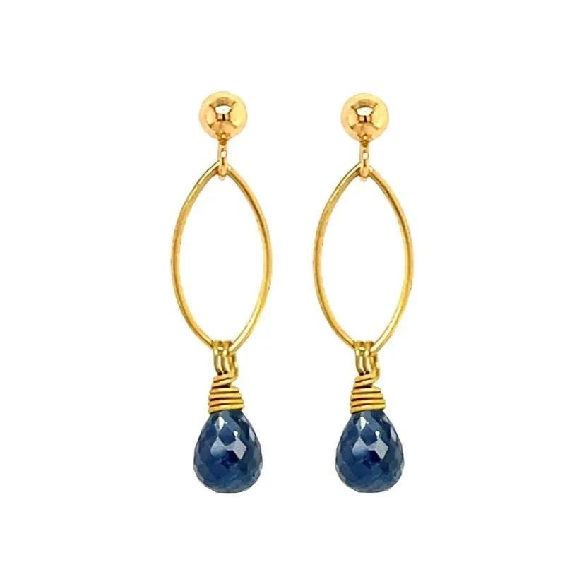 blue sapphire faceted teardrop gemstone 18K yellow recycled gold hand-made